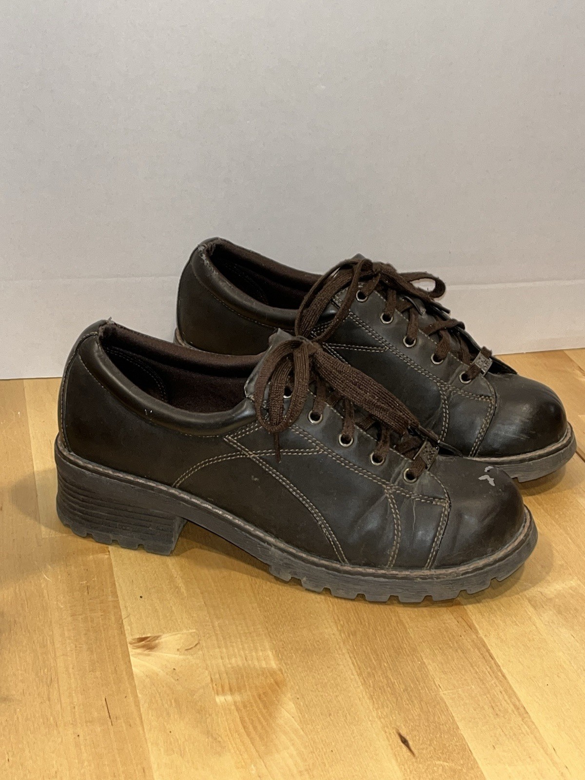 Vtg Y2K Hot Kiss Platform Chunky Brown Leather Oxfords Punk Grunge Lace-up ALT