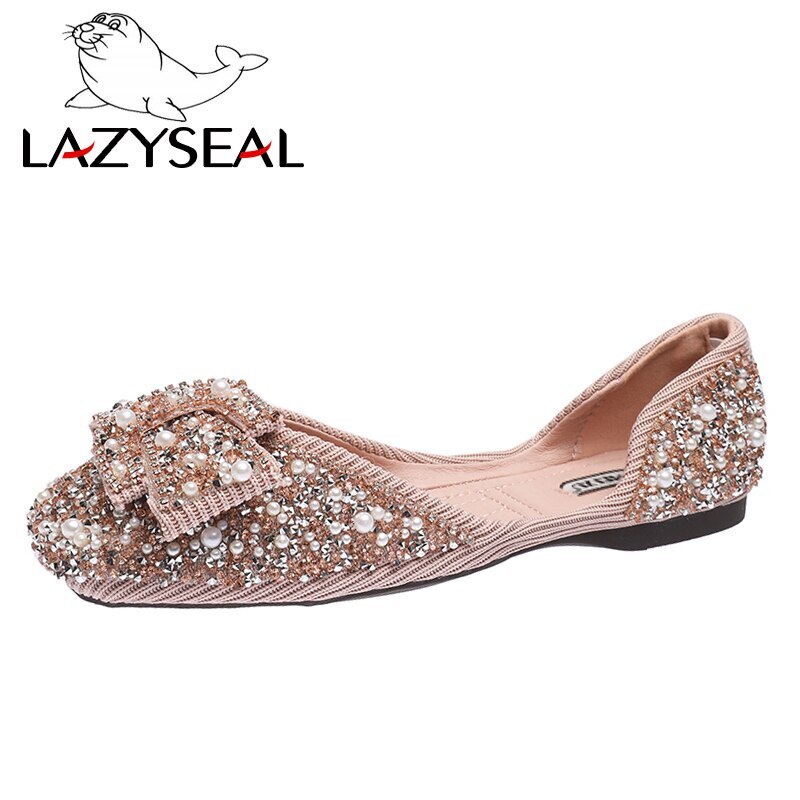 Crystals Pearl Butterfly-knot Flats Bling Shoes Soft Sole Square Toe Slip-on