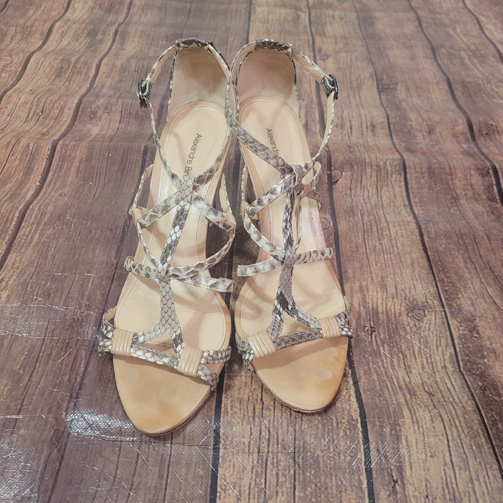 Alexandre Birman Womens Heels Beige 10 Strappy Wedge Snakeskin 3.25″ Heel Buckle