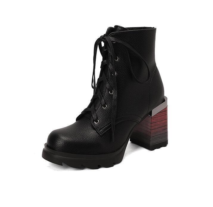 Women’s Faux Leather Ankle Boots Lace Up Shoes Block Heel High Top Loafers Zip