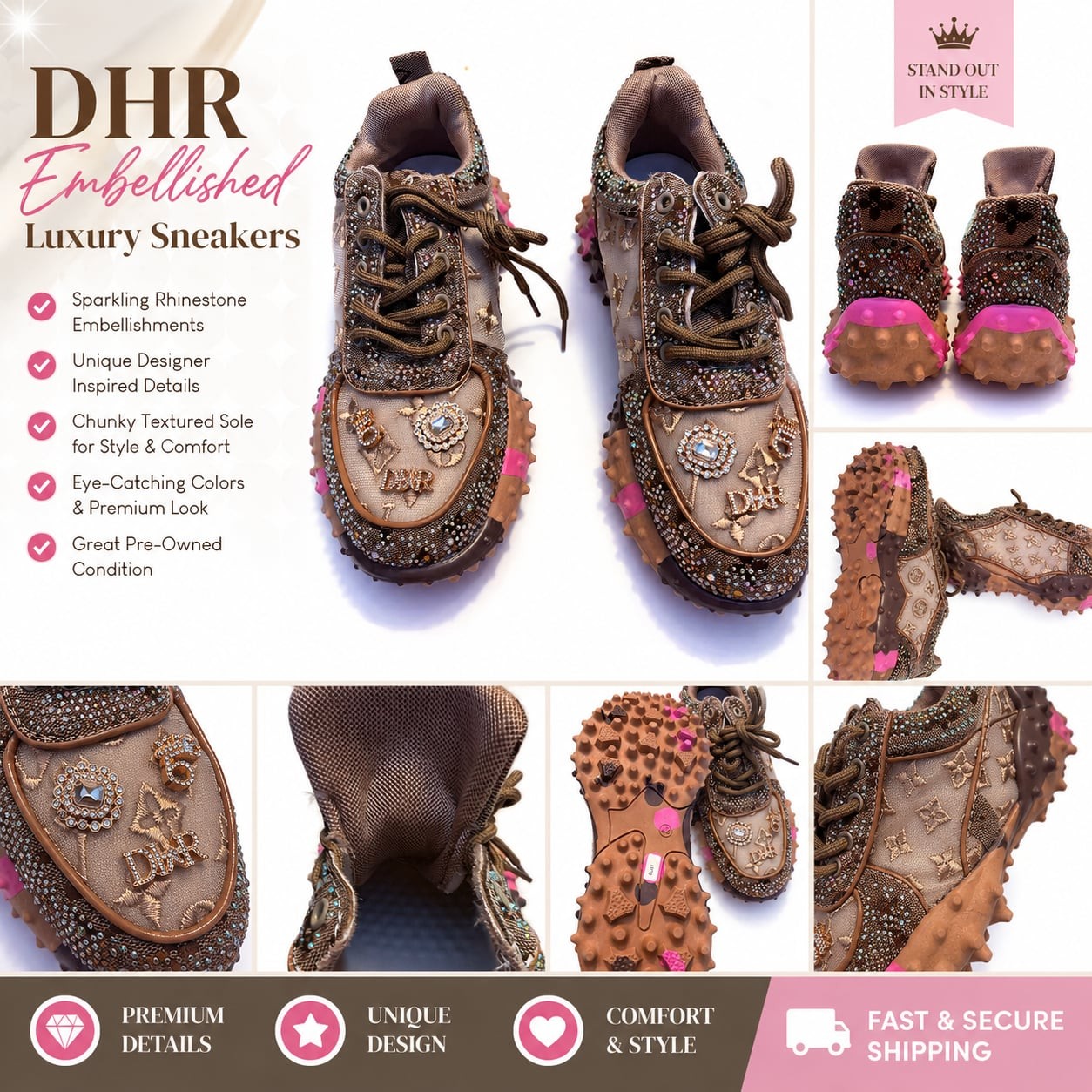 NEW DIOR Women’s Rhinestone Platform Sneakers Brown Fashion Shoes Size 10/EU 4