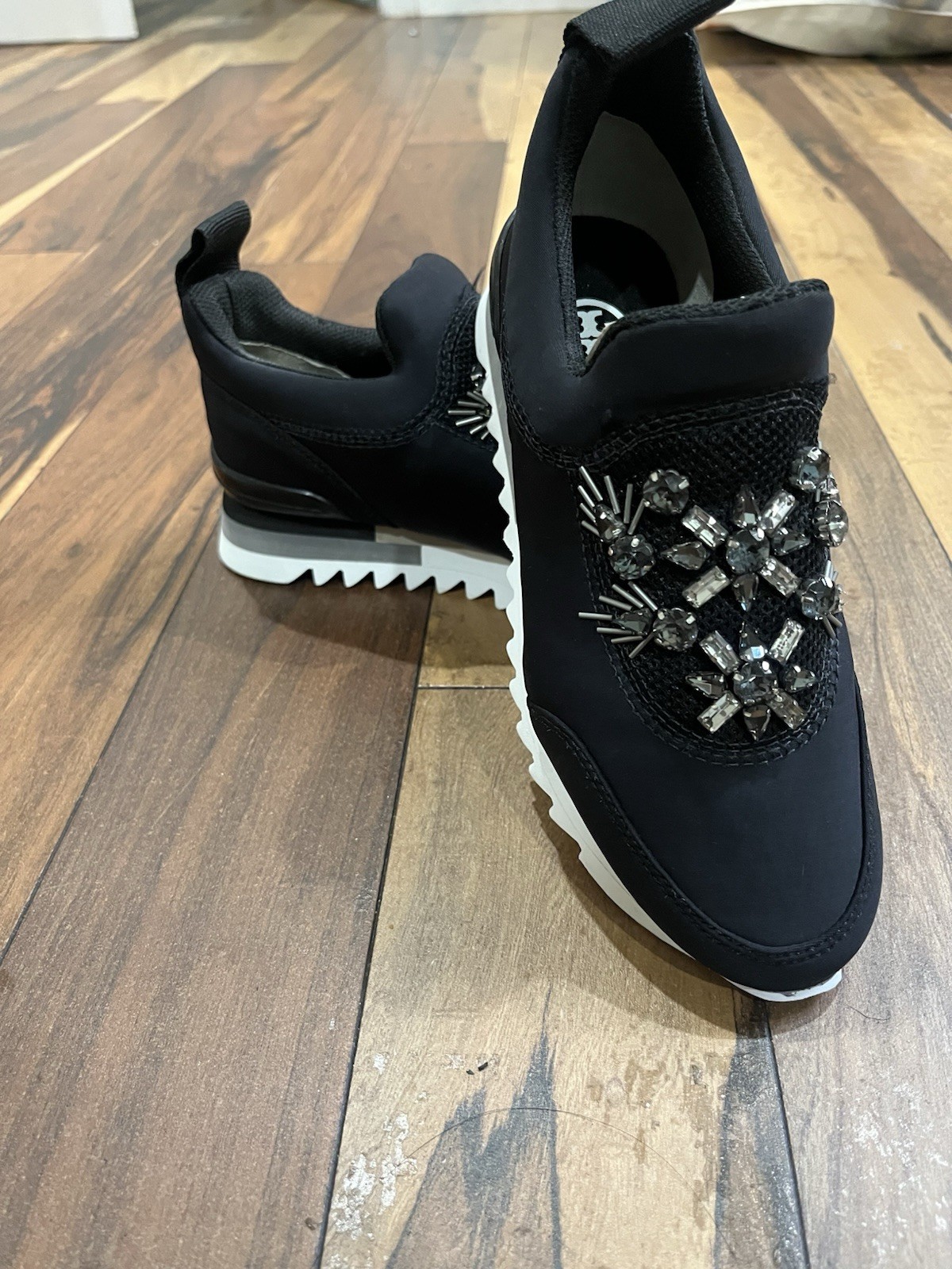 Tory Burch Black Slip-On Low Top Textile Sneakers Beaded Rhinestone Logo