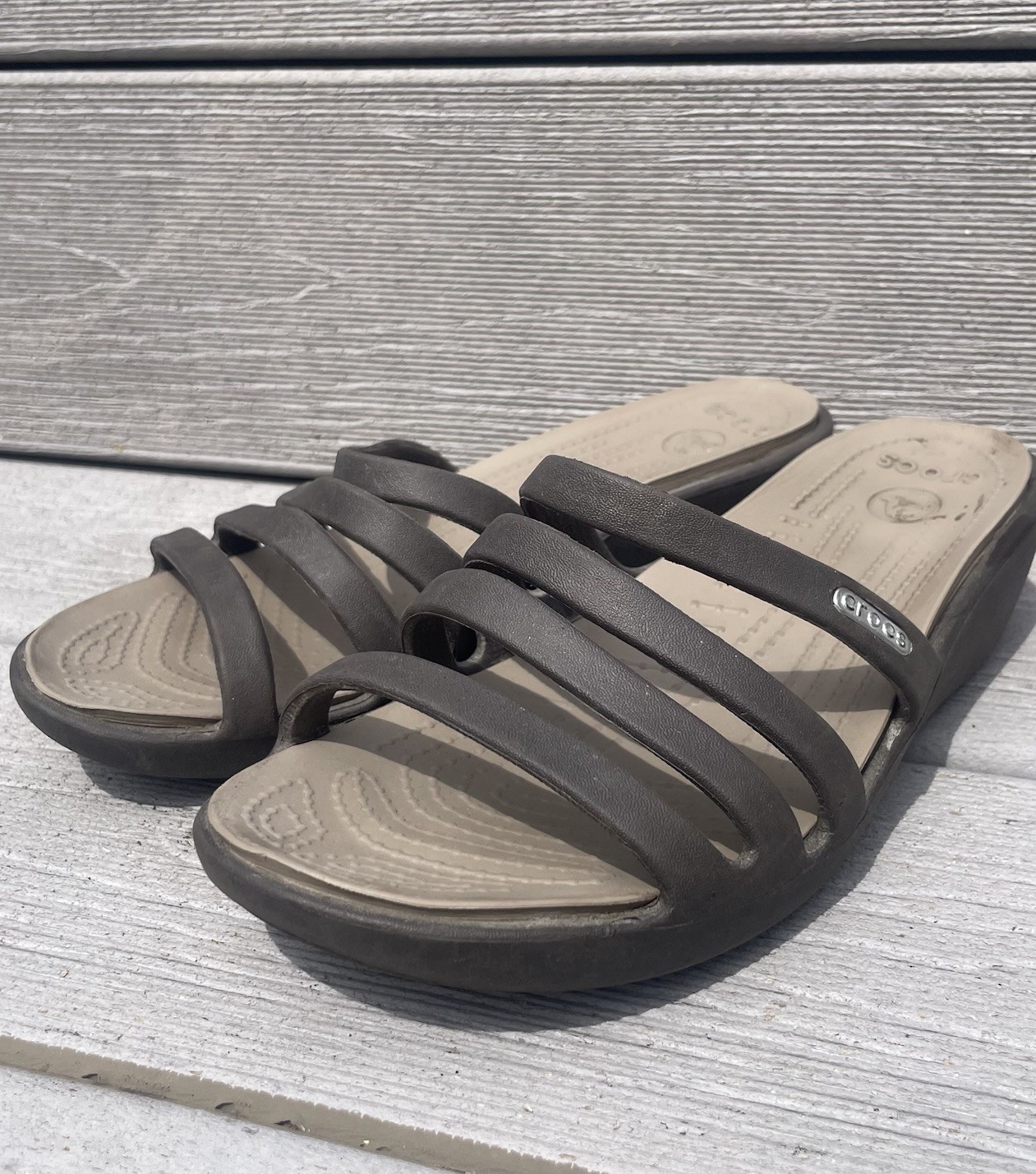 Crocs Sandals Rhonda Wedge Slides Brown Strappy Comfort sz women’s 6