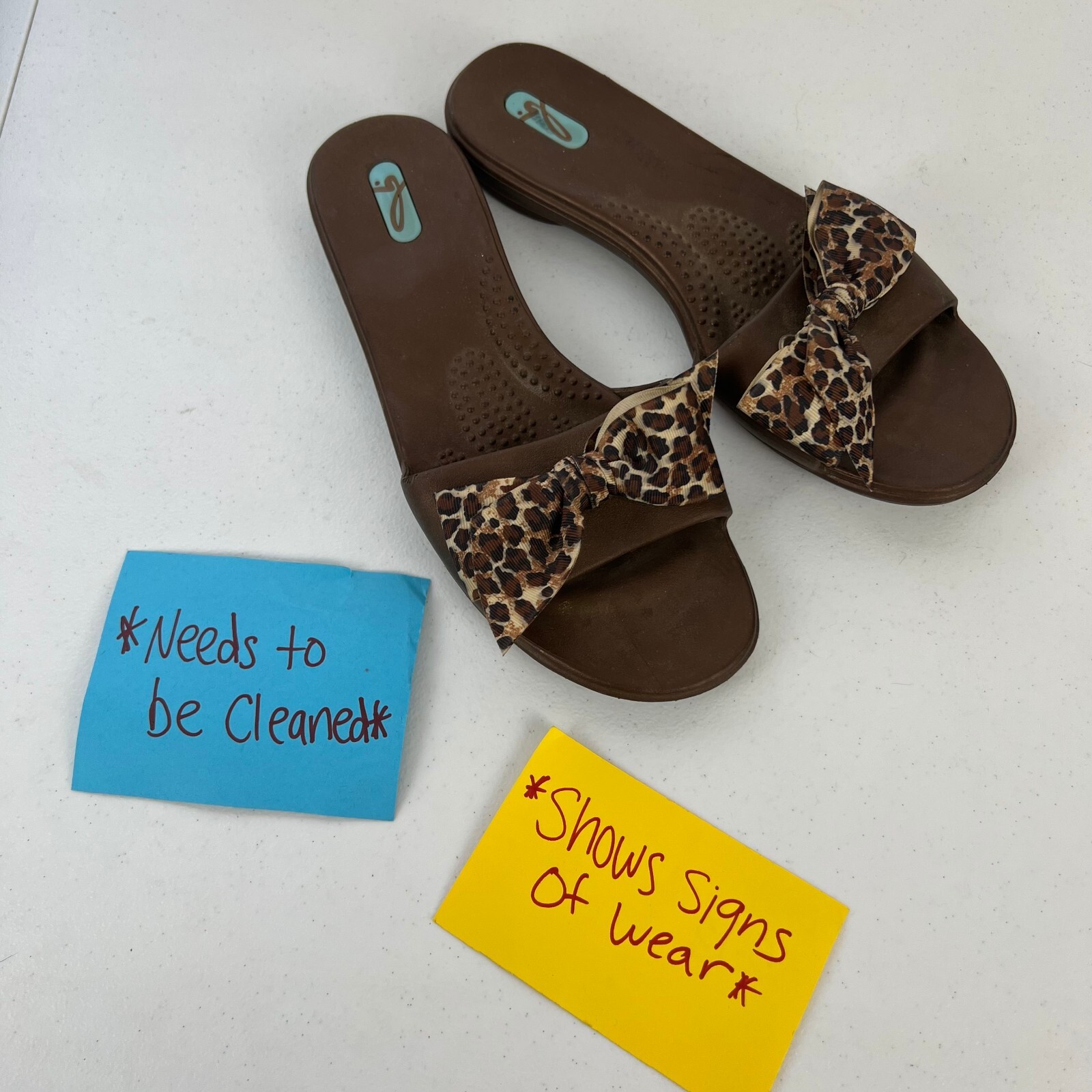 Oka Bee Slide Sandals Womens M/L Brown Slip On Leopard Bow Flat Heel Slip On