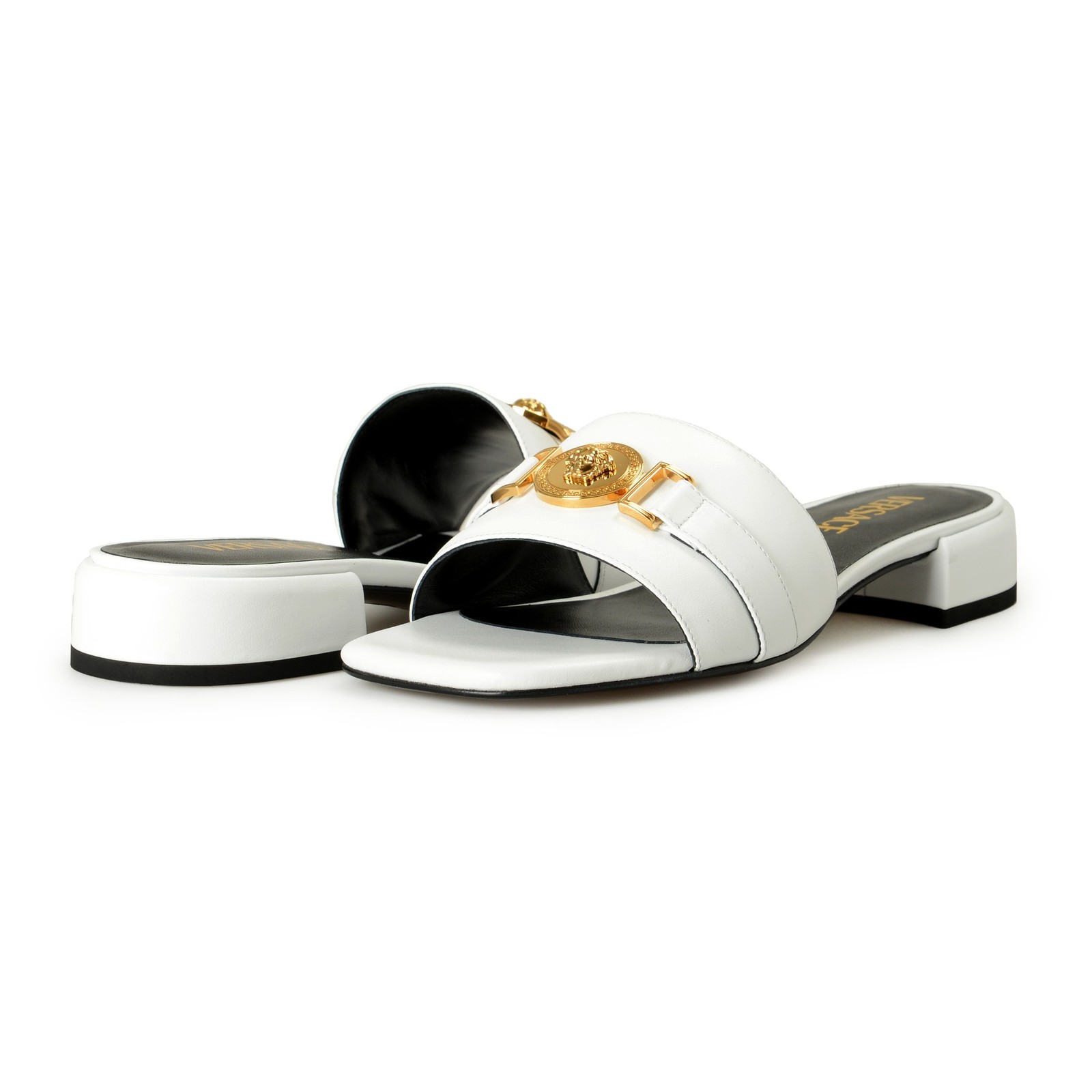 Versace Women’s White Leather Gold Color Medusa Sandals Mules Shoes US 6 IT 36