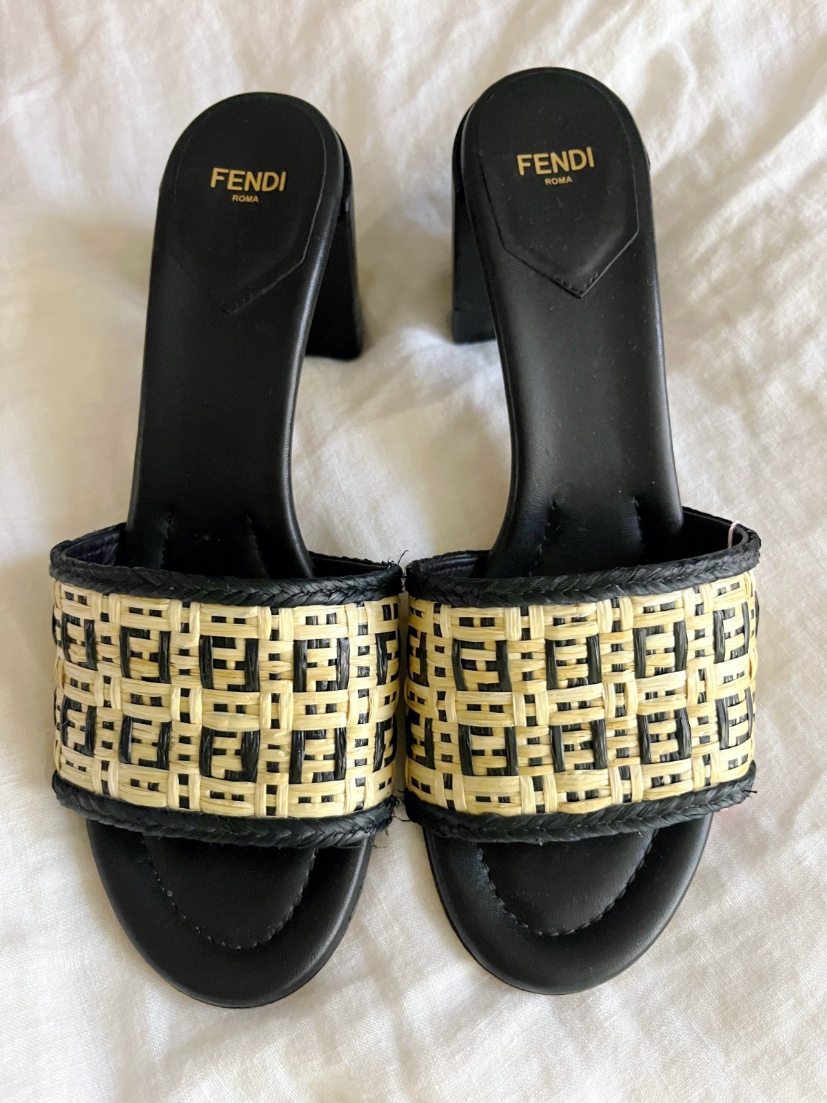 Fendi Roma Zucca FF Logo Woven Raffia Slide Sandals Black Size 38.5