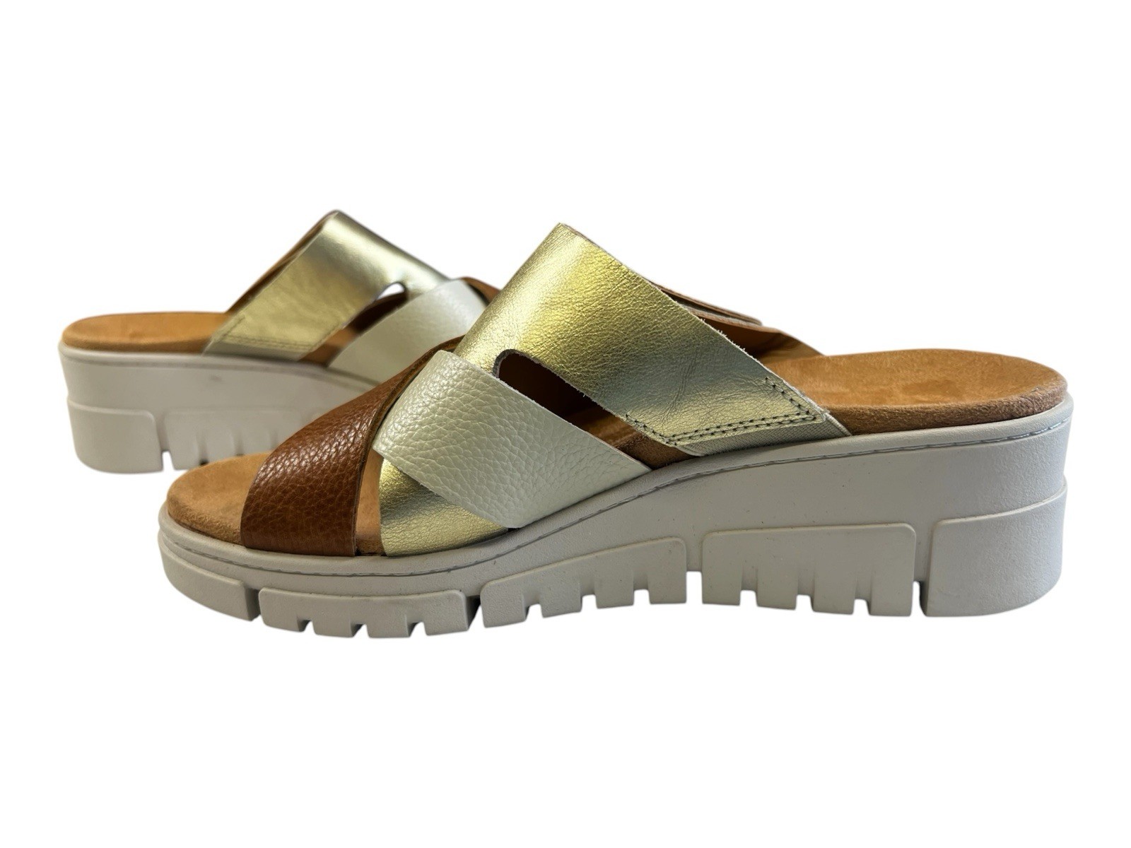 Vionic Uptown Sunset Wedge Slide Sandal Tan Gold Met Leather New Size 7.5