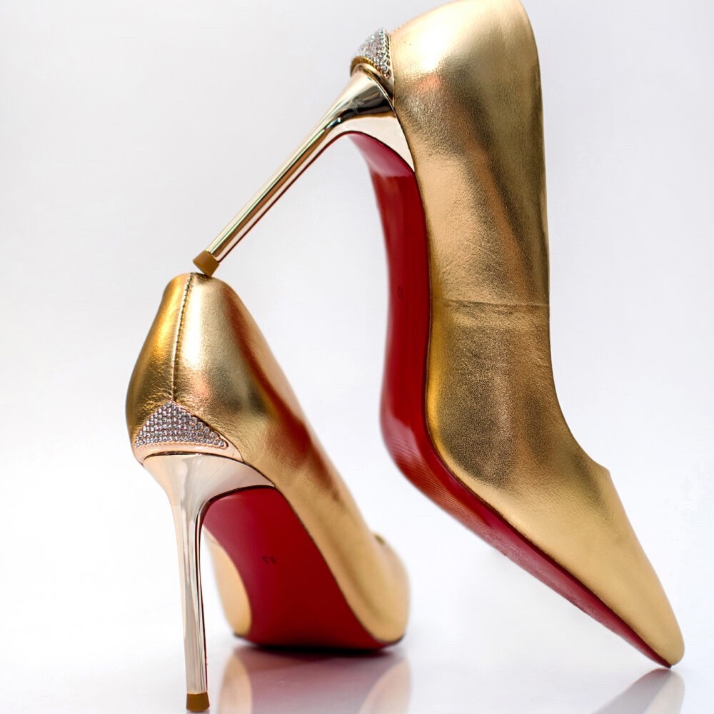 Women gold rhinestone stiletto heels, slip-on, pointed toe, party shoes