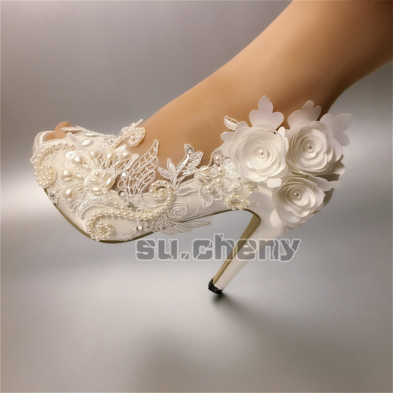 su.cheny Pearl satin white ivory lace flowers open toe Wedding Bridal heel shoes