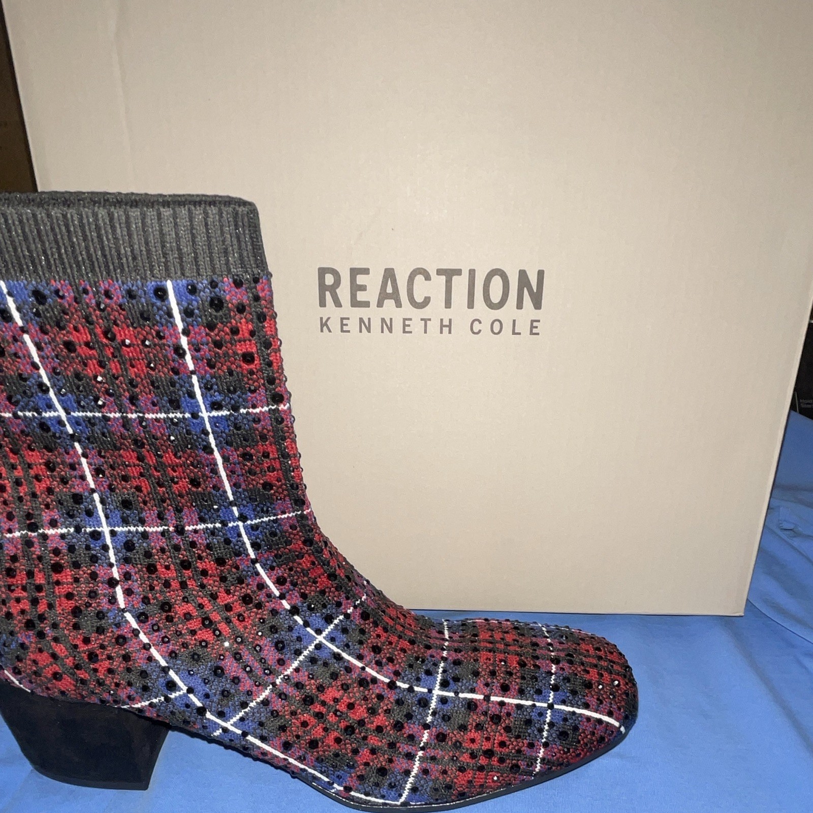 Kenneth Cole Reaction Irida Stretch Jewel Plaid Knit Ankle Bootie US 7.5 M