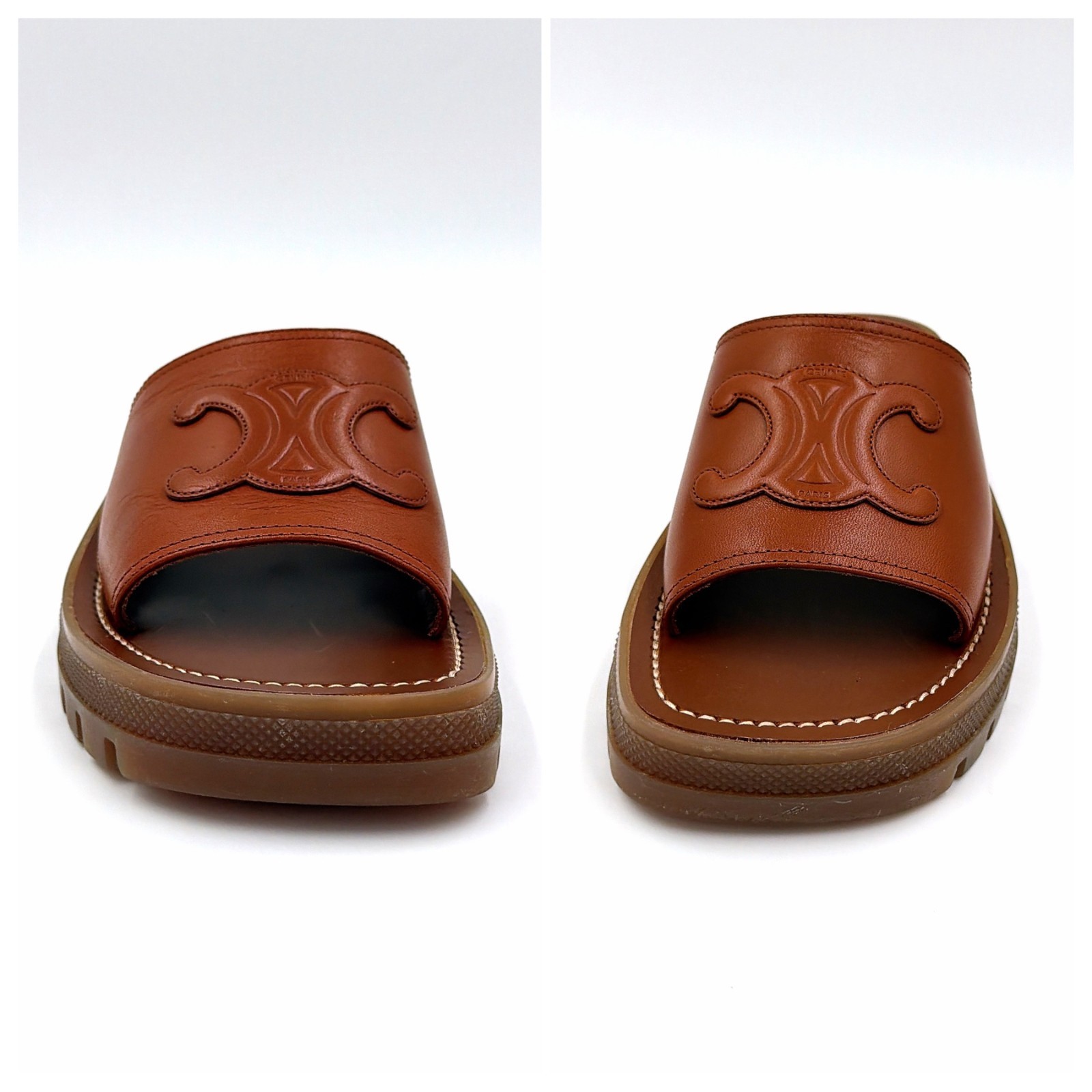 Celine Triomphe Claire Leather Slide Sandals Brown EU 34 Logo Embossed Italy