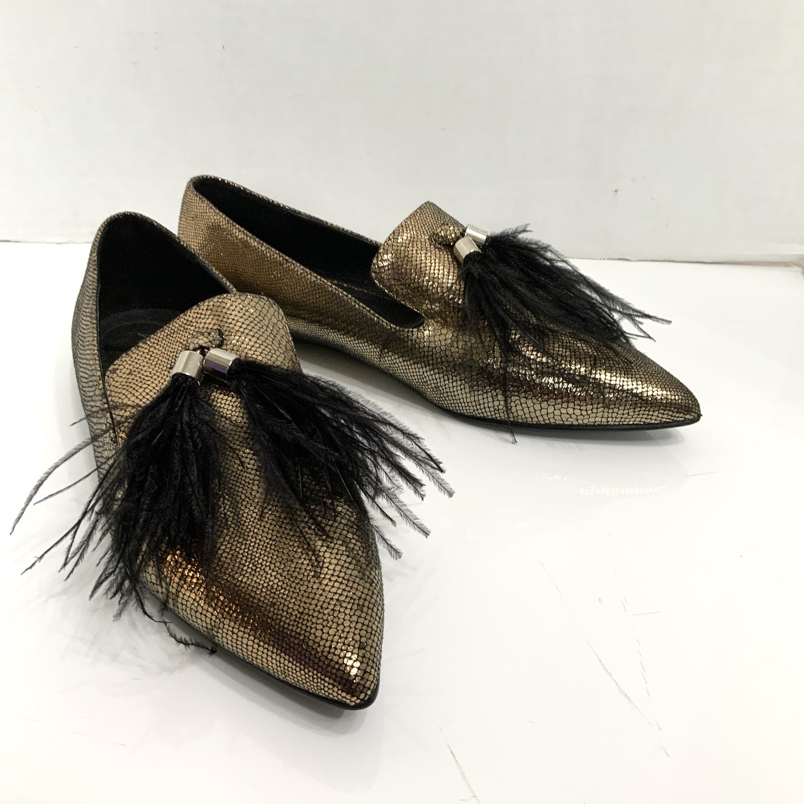 ASHRO Sz 7.5 Gold Bronze Feather Tassel Pointed Toe Metallic Loafers Party