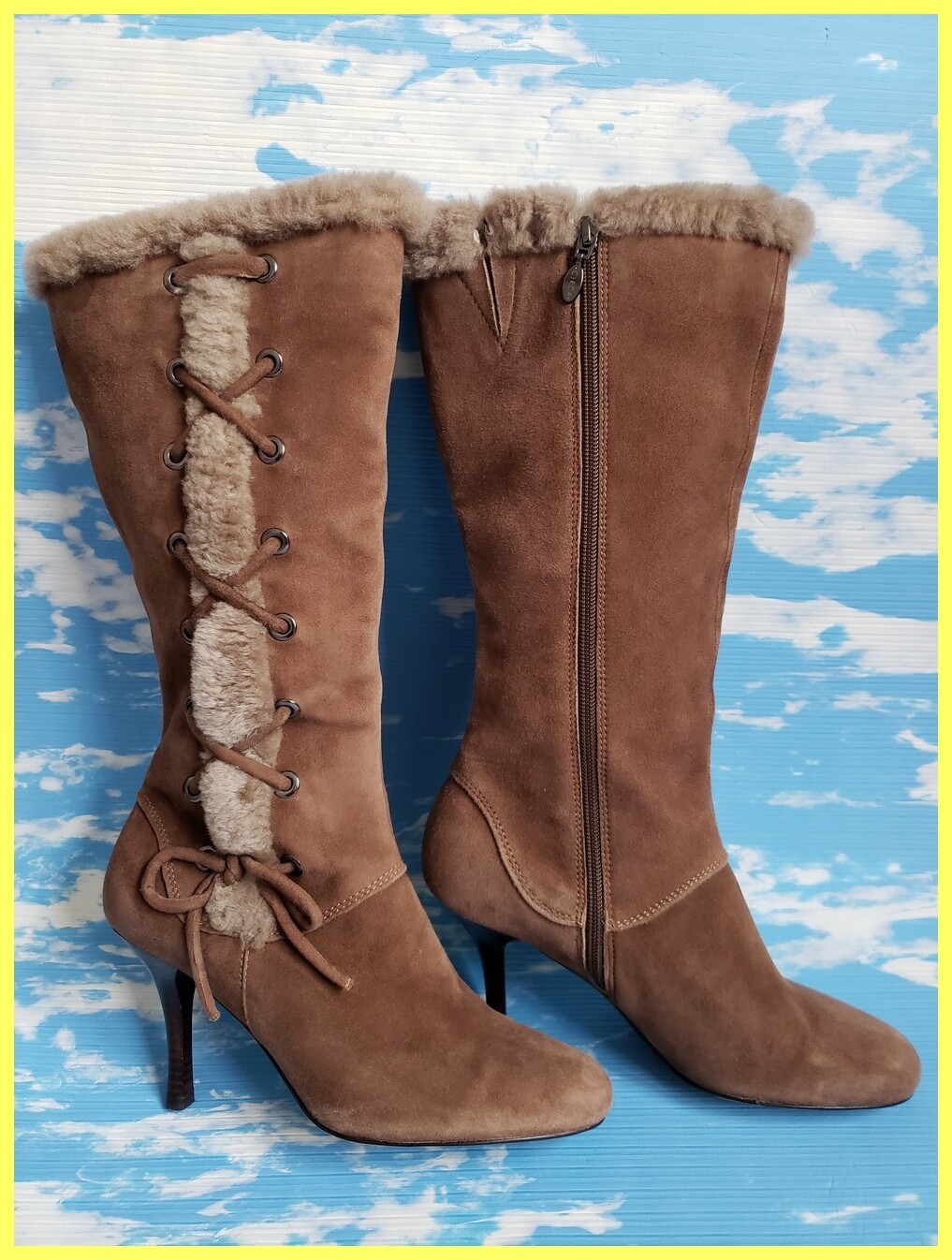 NWOB $225 CIRCA JOAN & DAVID BROWN SUEDE LEATHER FUR TRIM LACE UP ZIP BOOTS 7 M