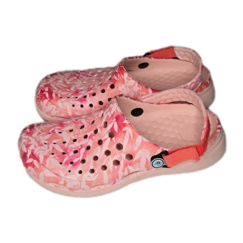 Joybees women Size 7 Active Clog Slip On Shoes pink Floral Strapes