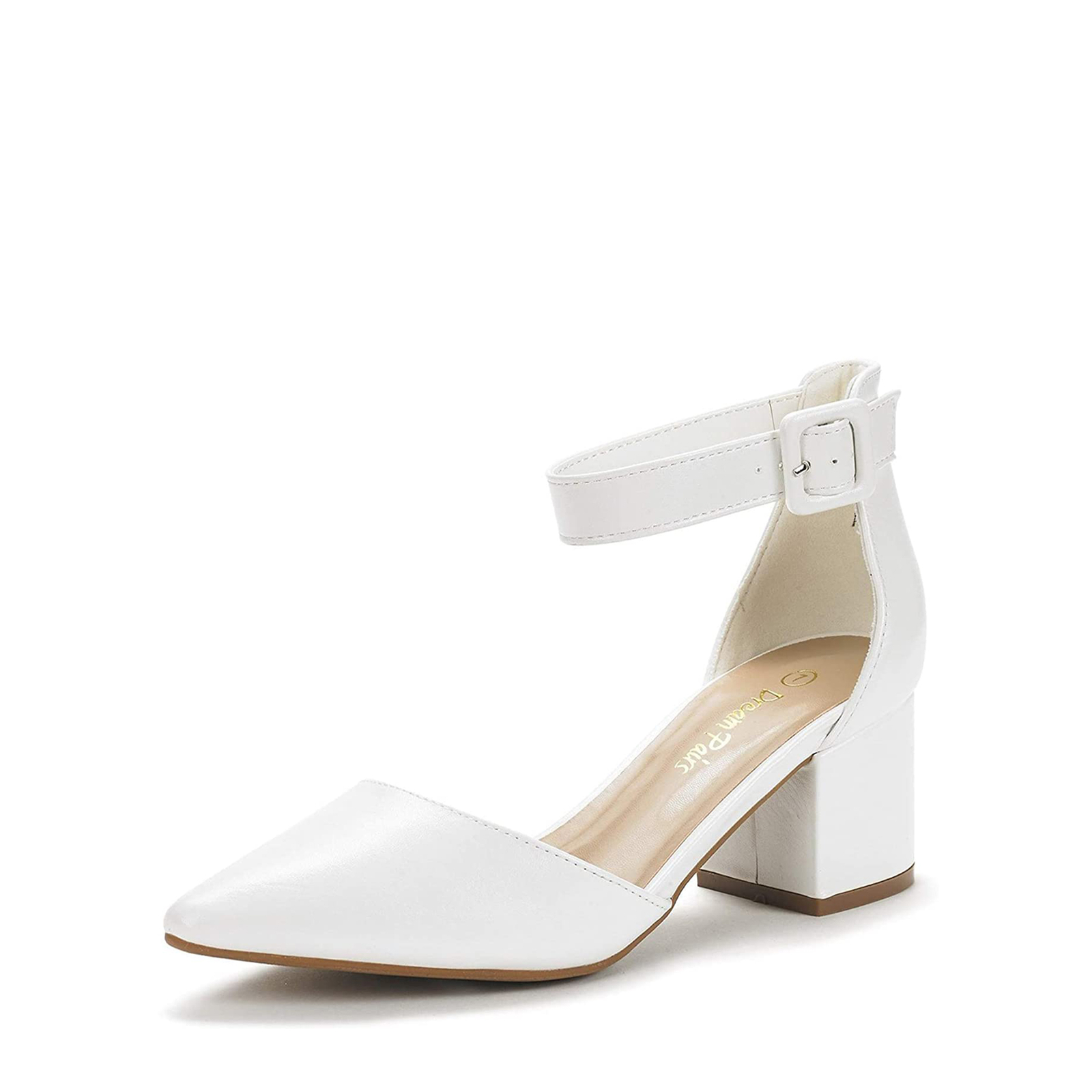 Women’s Timeless Pointed Toe Block Heel Wide-Size Pumps with Adjustable Strap