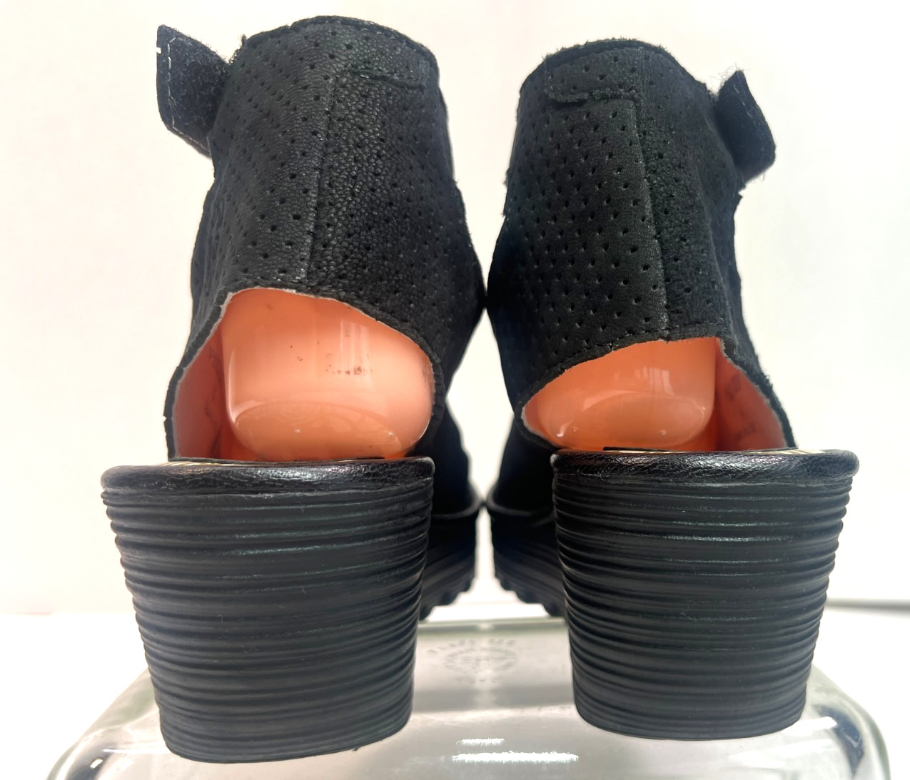 FLY LONDON Yala Black Perforated Suede Wedge Peep Sandals Size US 10-10.5 EU 41