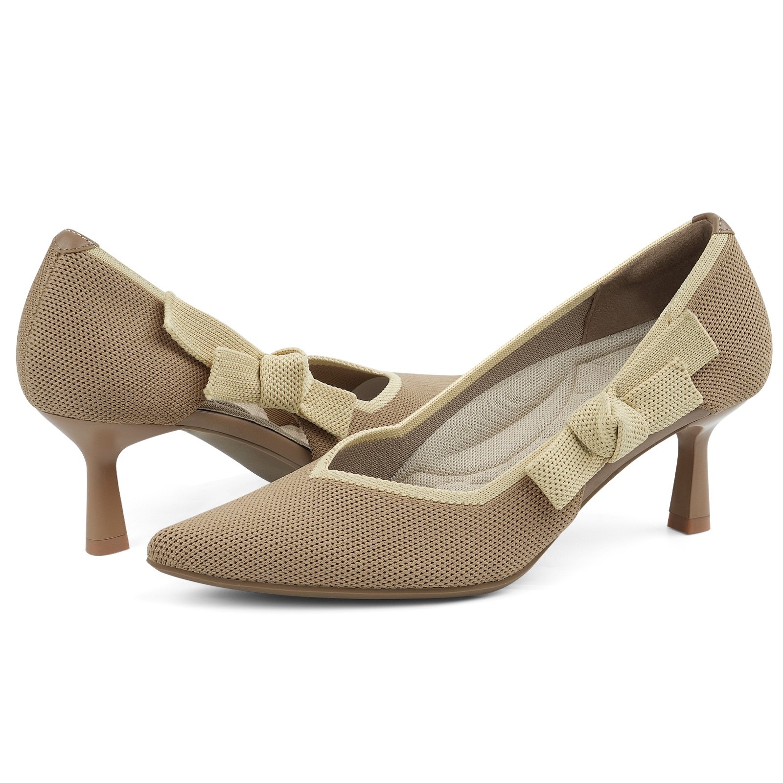 Knit Bow Kitten Heels 2.1″ Low Heel Pointed Toe Pumps Non-Slip Sole Dressy Shoes
