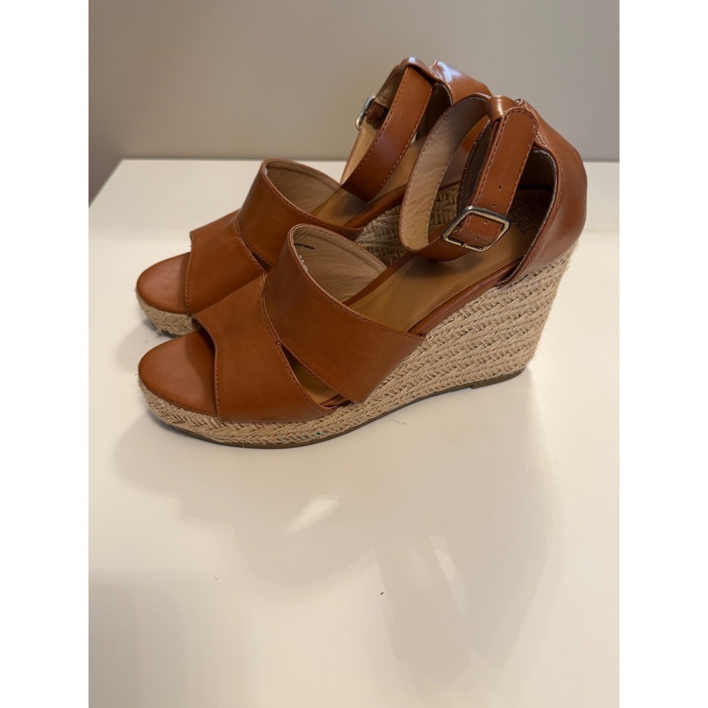 Time and Tru Cognac Brown Espadrille Wedge Sandals Ankle Strap Size 9