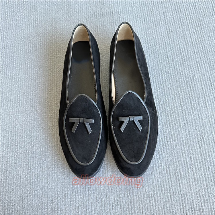 Belgian Shoe Women’s Belgian Leather Velvet Bow Leather Bean Shoes Ladies
