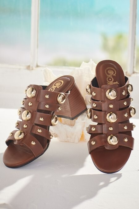 NWT MSRP $175 GOLO Worthy Studded Slide Leather Sandal, Brown, Italian Leather 9