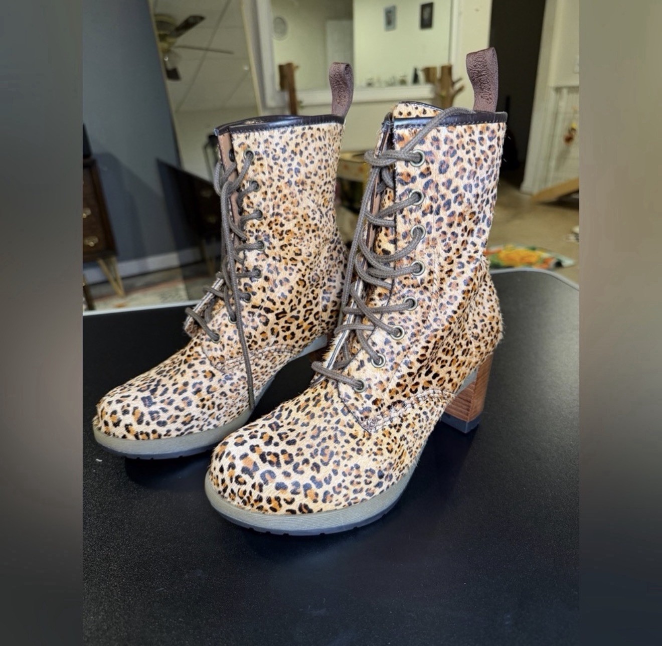 Dr Martens Darcie Heeled Boots Womens US 8 Real Fur Upper Leopard Print READ