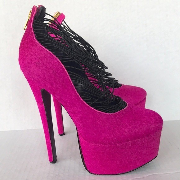 London Trash Hot Pink Ceres Platform Stilettos Calf Hair Heels 8.5