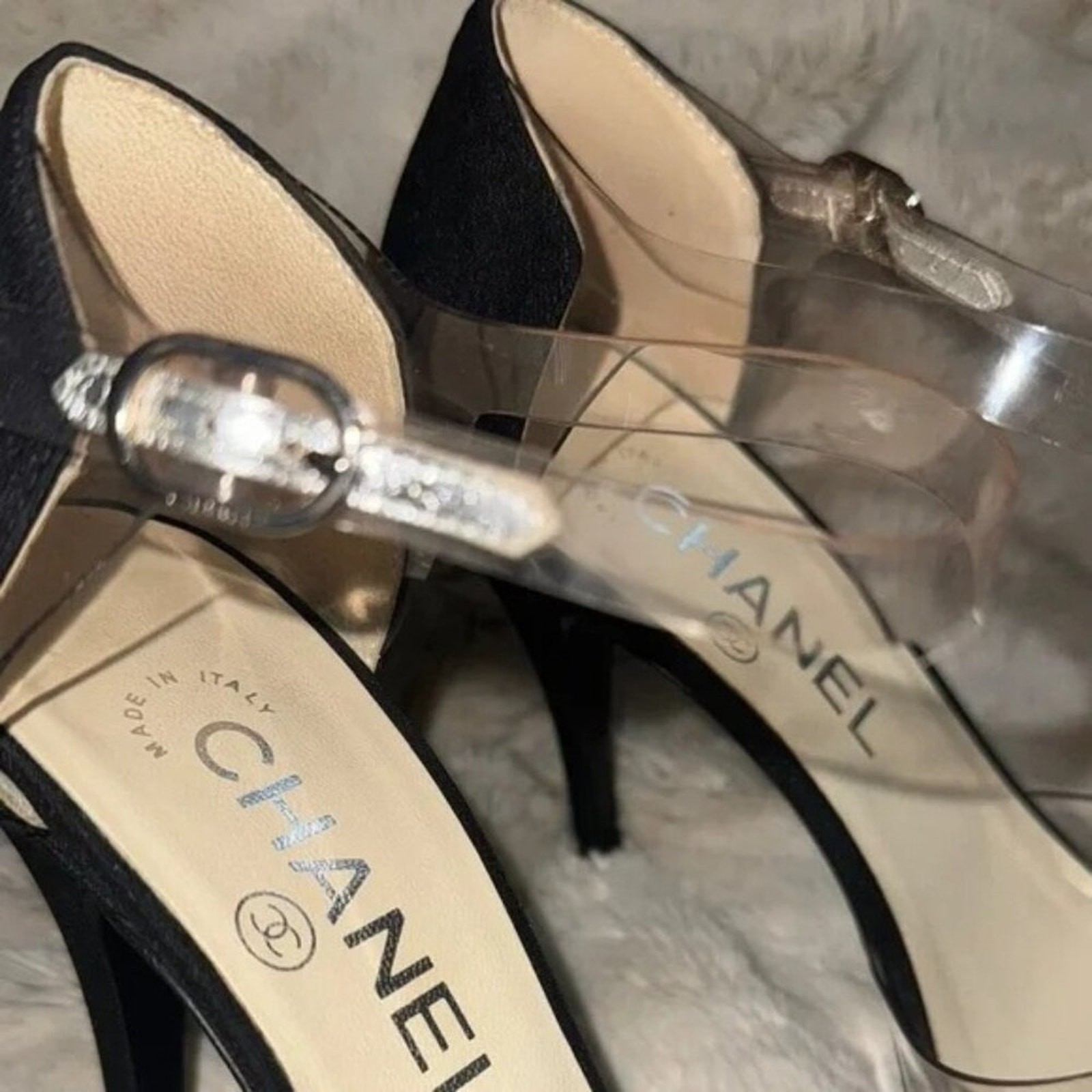 CHANEL Black & Transparent Ankle Strap Heels Size 37.5/ US 7 Made In Italy