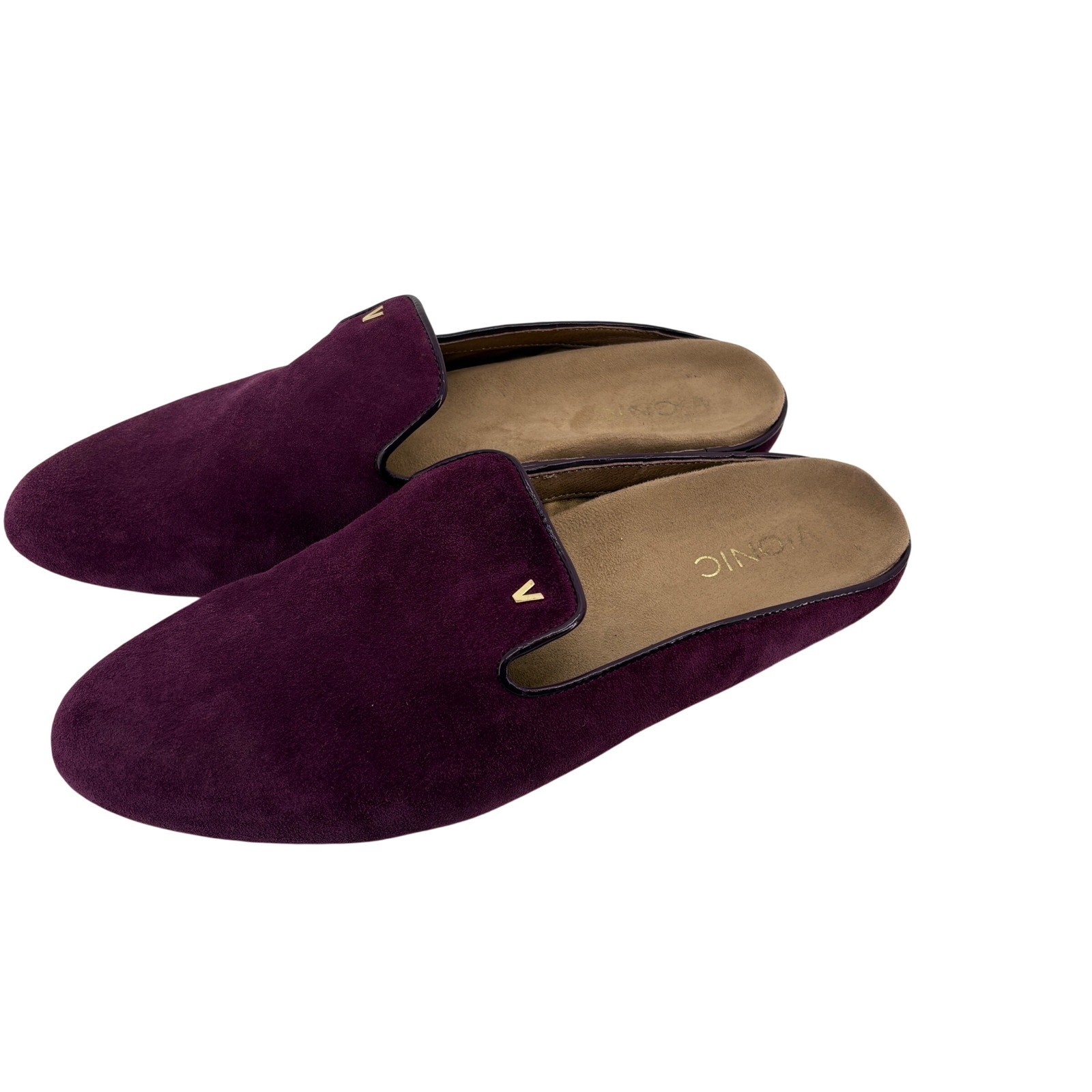 Vionic Carnegie Plum Purple Suede Mules Slides Womens 10 TVW5265 Gold Logo Comfy