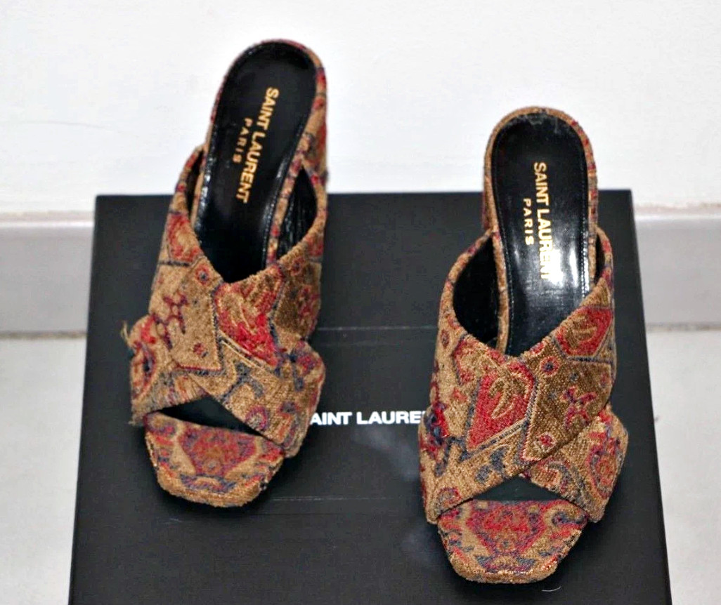 Saint Laurent LOULOU 95 SAFFRON ROUGE Jacquard Logo Heels Mule sz US 6 IT36 $895