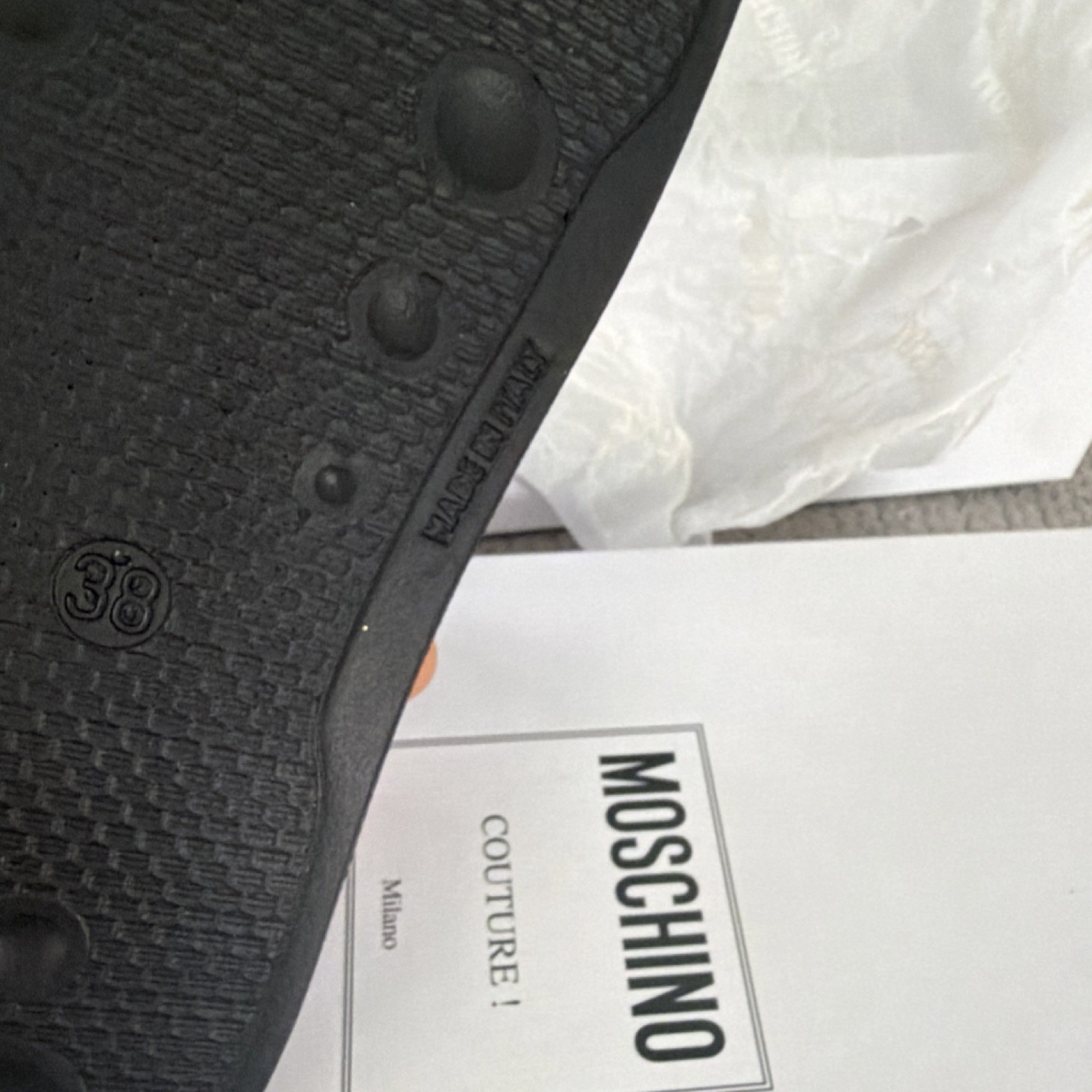 Moschino Gold Logo Black Slide Sandals PVC Beaded Women’s Size 38/7
