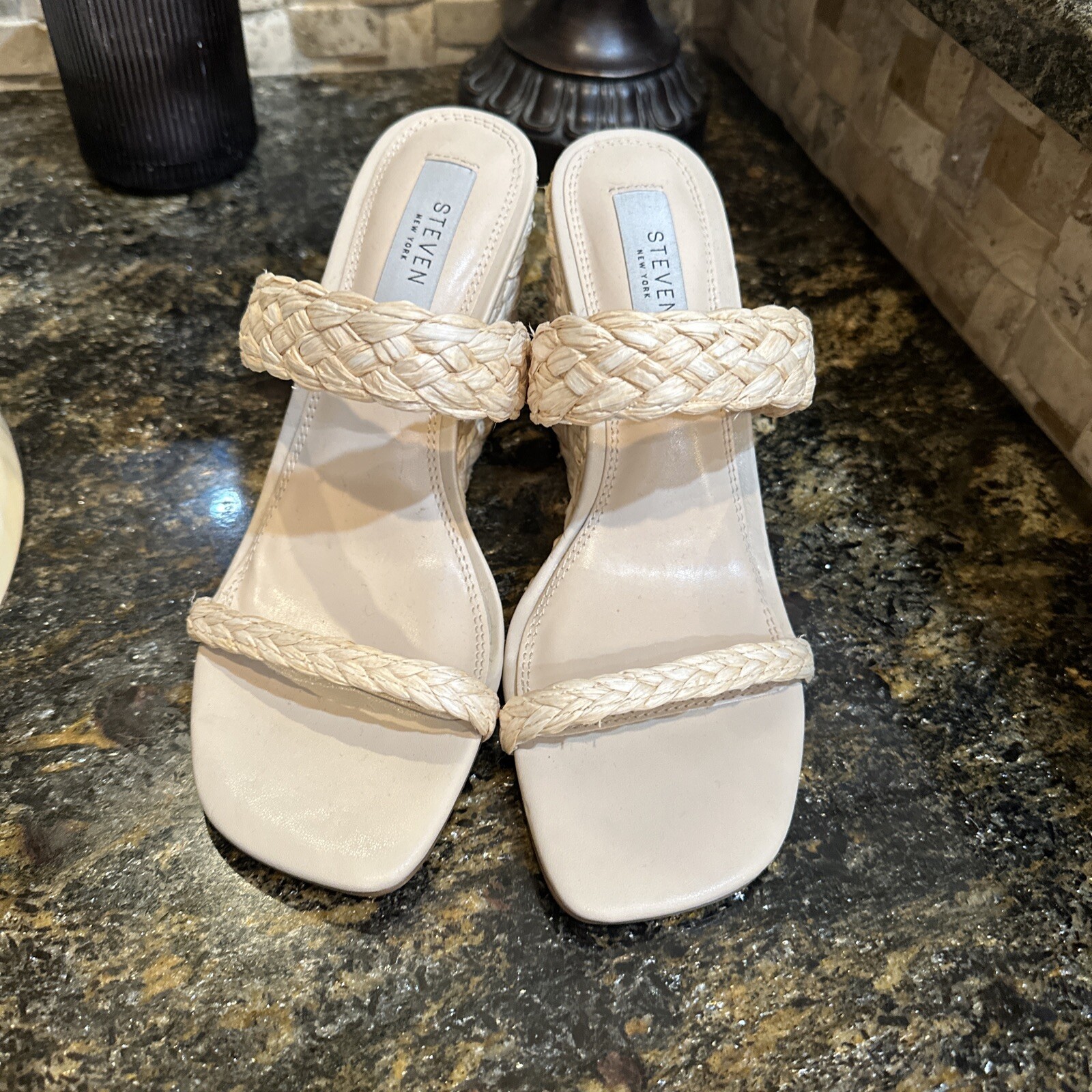 Steven New York Raffia Wedge Sandals Slide Cream Vacation Heels Women’s Size 7