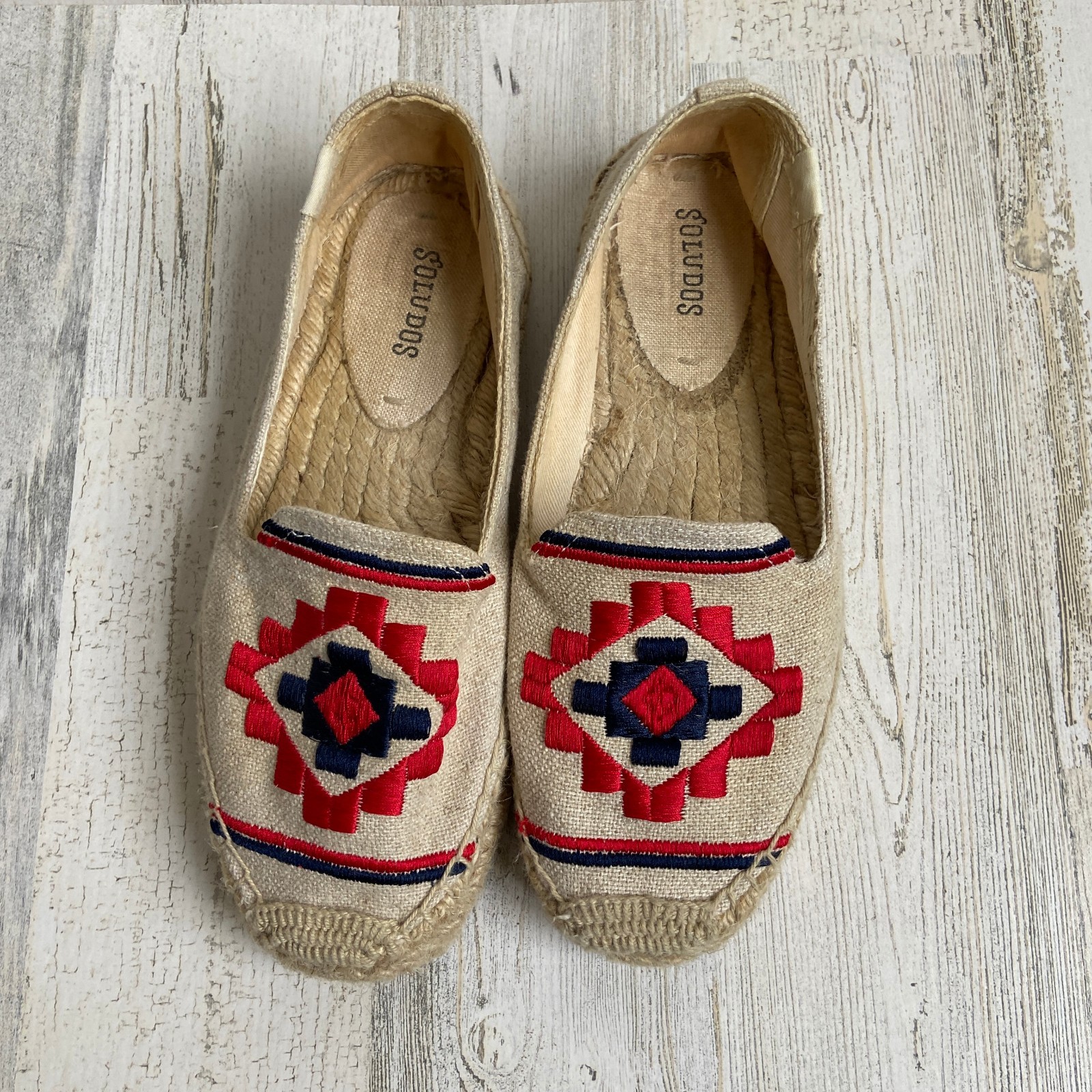 Soludos Size 7.5 Embroidered Espadrille Flats Canvas Slip On Shoes