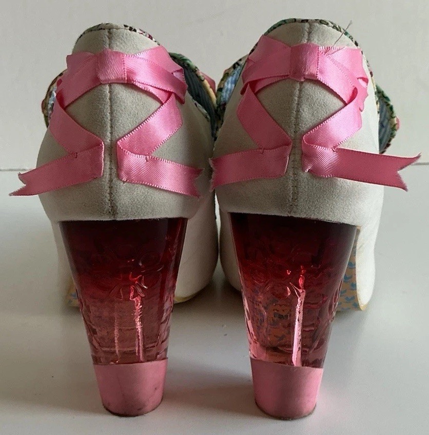 Irregular Choice Women’s Ivory Pink Faux Suede Bow Slip On Pump Heels 8 B