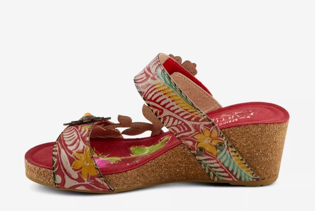 L’Artiste by Spring Step Moai Red Multi Leather Wedge Sandal NWOB Size 40 US 9