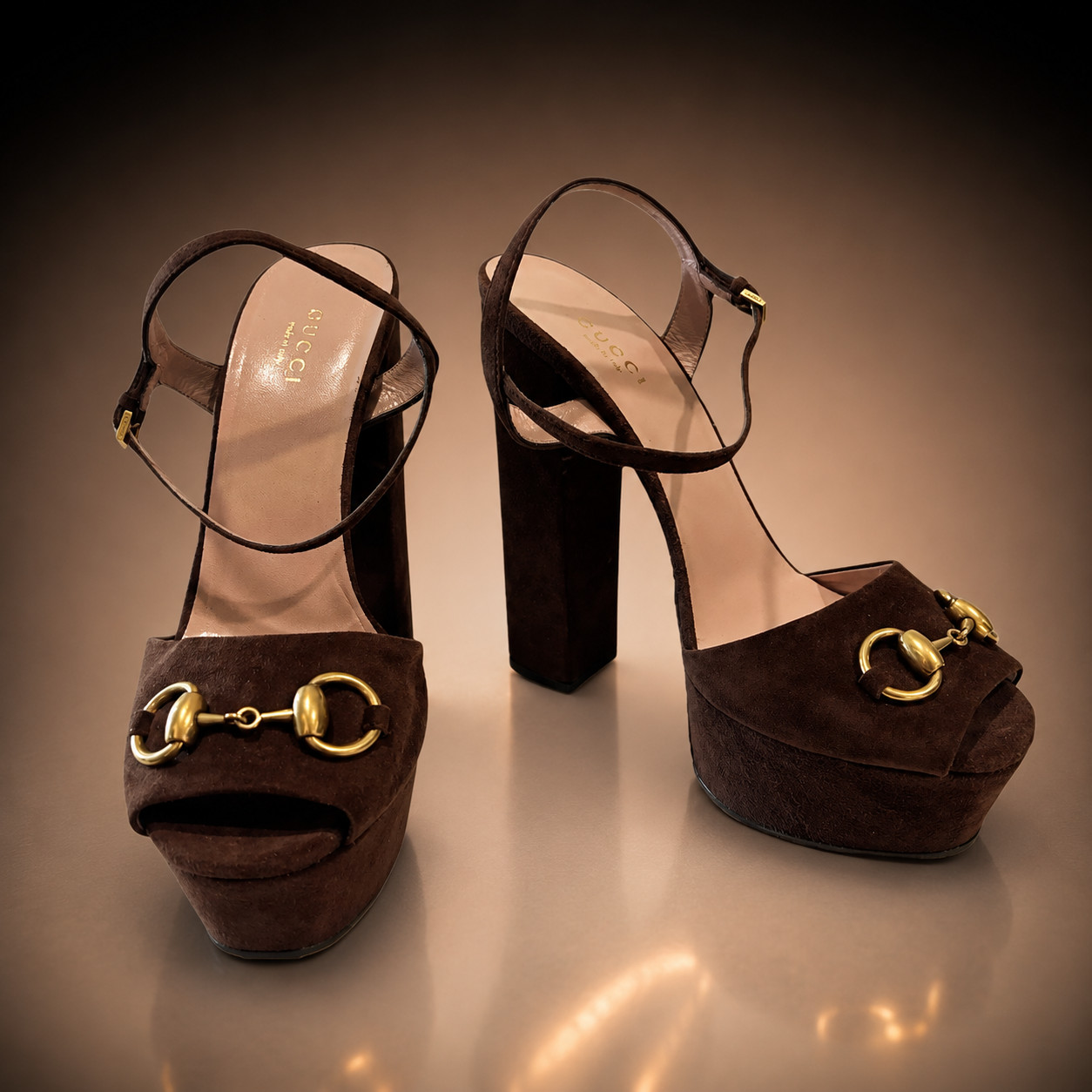 New Gucci Brown Suede Platform Ankle Strap Open Toe Block Heel Sz 8.5 $1240