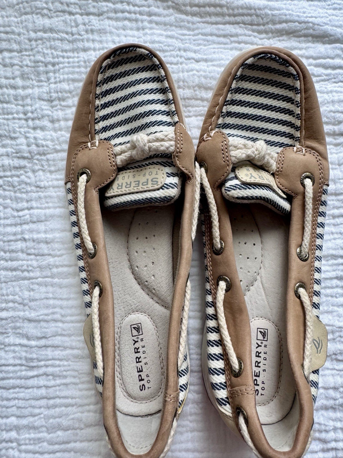 Sperry Top-Sider Striped Boat Shoe Canvas/Leather Tan Blue White 6.5M STS91406