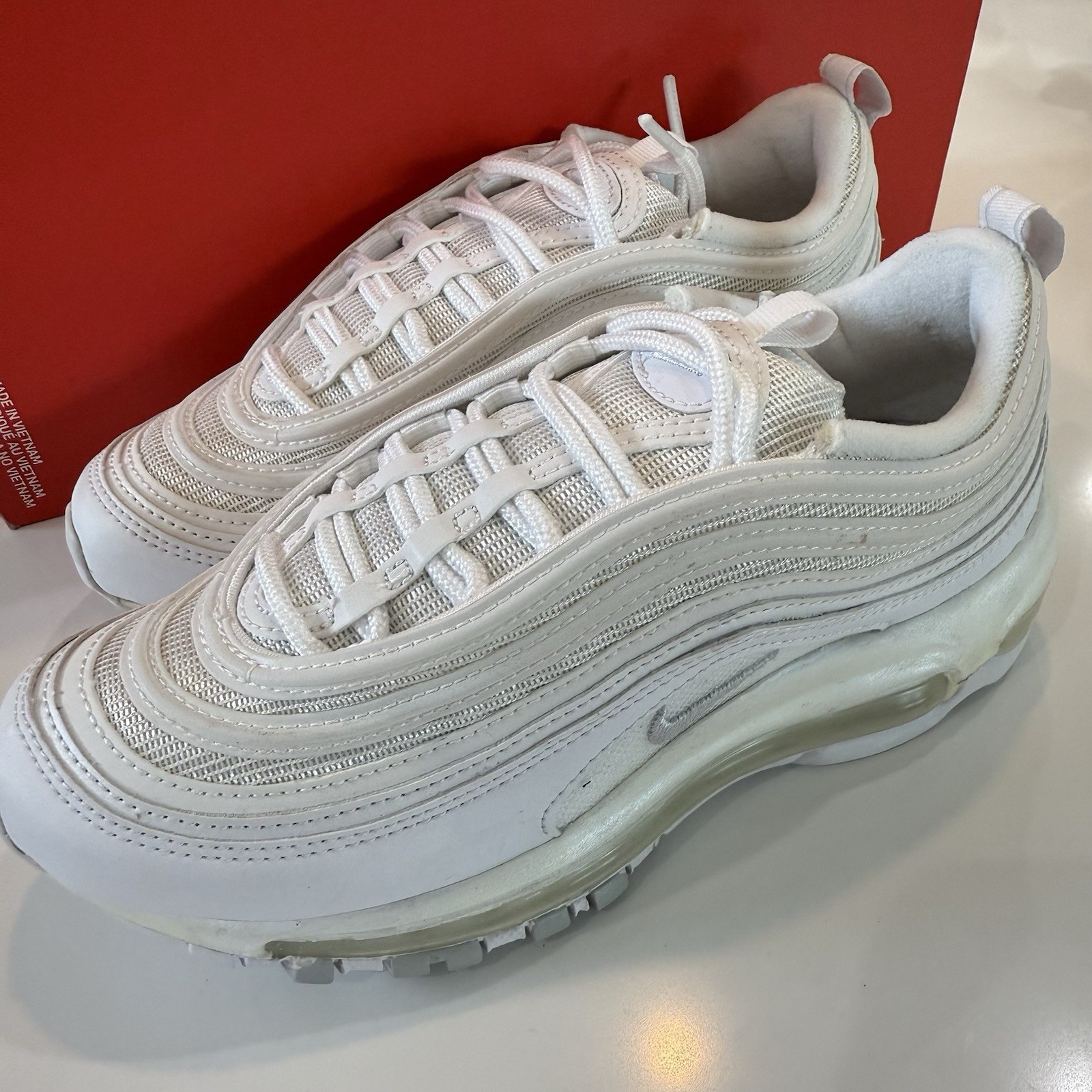 Size 5 Nike Air Max 97 White Pure Platinum Leather Women’s 921733-100 NEW
