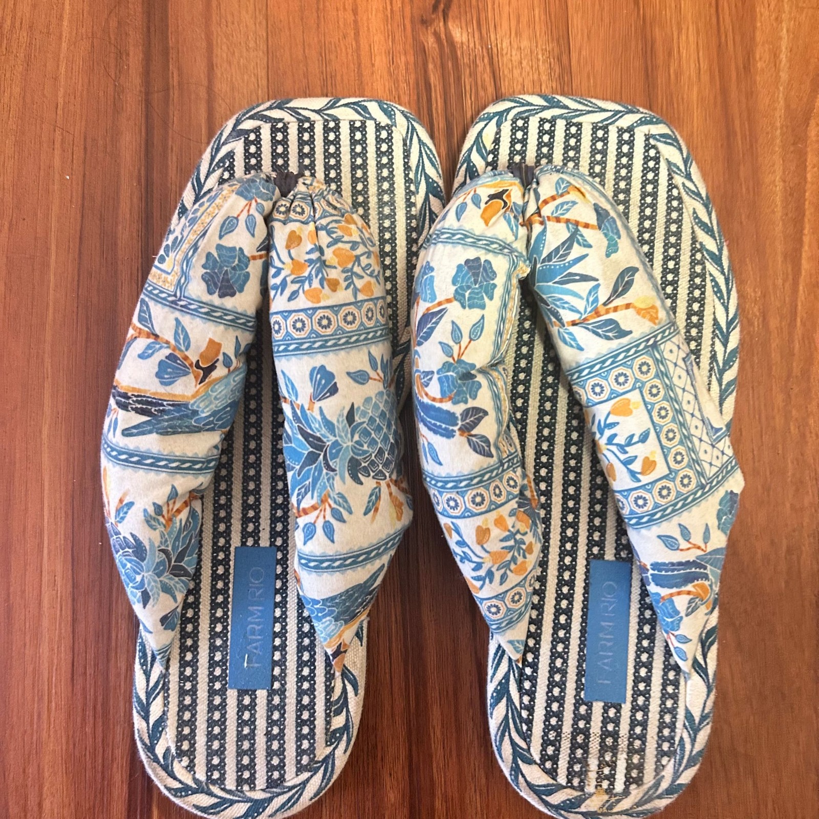 Farm Rio Navy Puffy Tropical Printed Flip Flop Sandals
