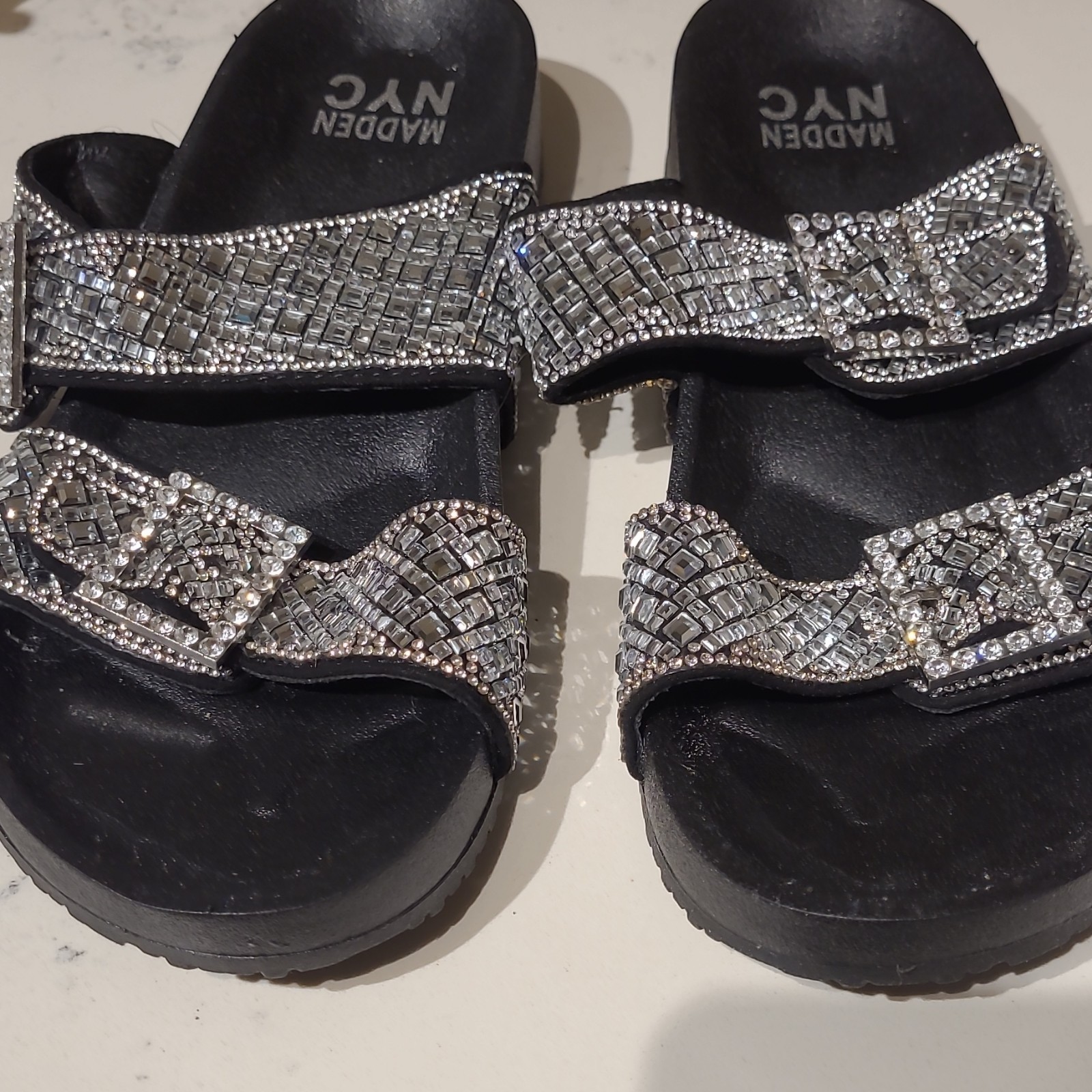 Madden NYC Black/Silver Rhinestone Bow Slide Sandals Slip-On Women’s US 8