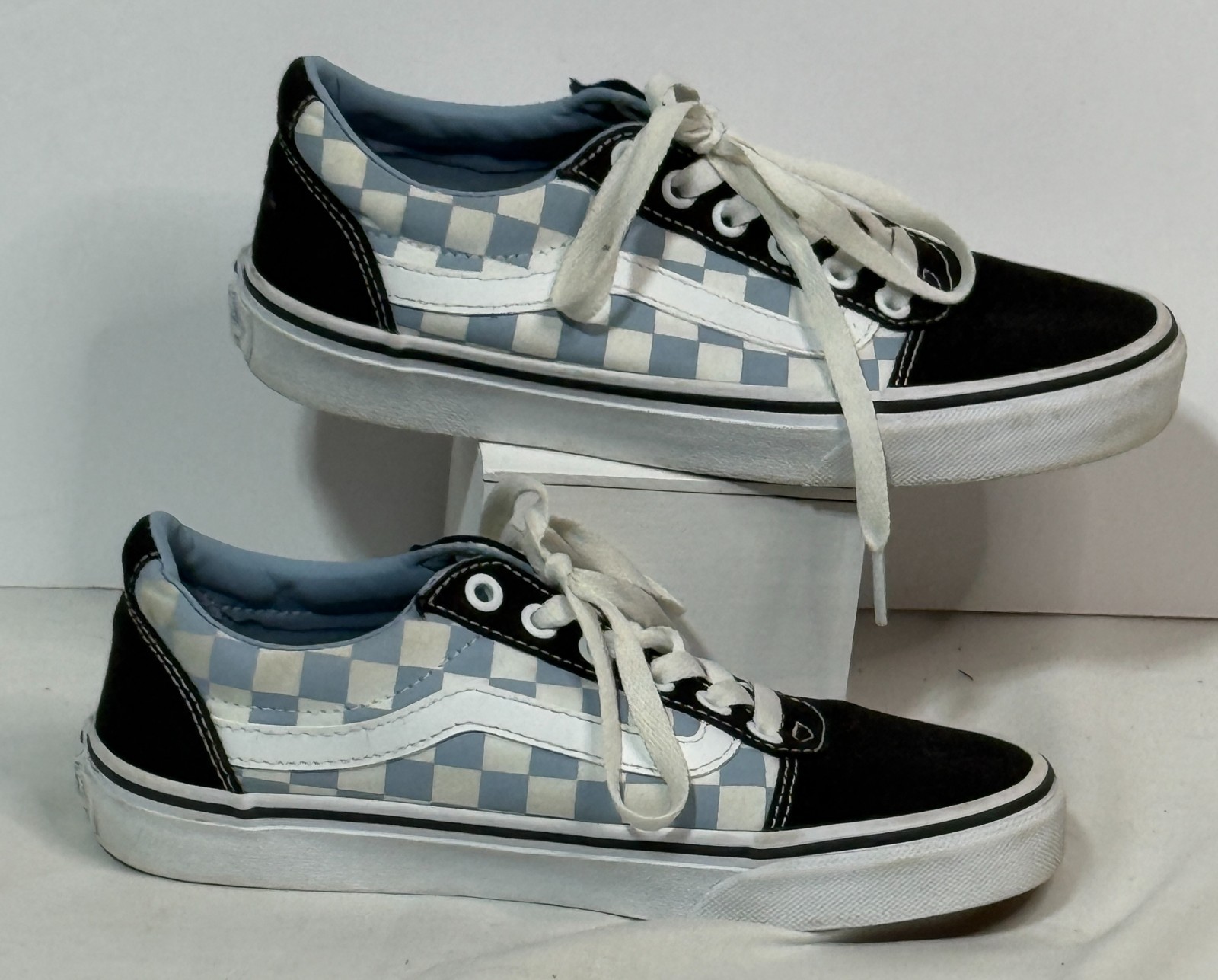 Vans Old Skool Blue Checkerboard Sneakers Womens Sz 7 Black Toe Skate Shoes Low