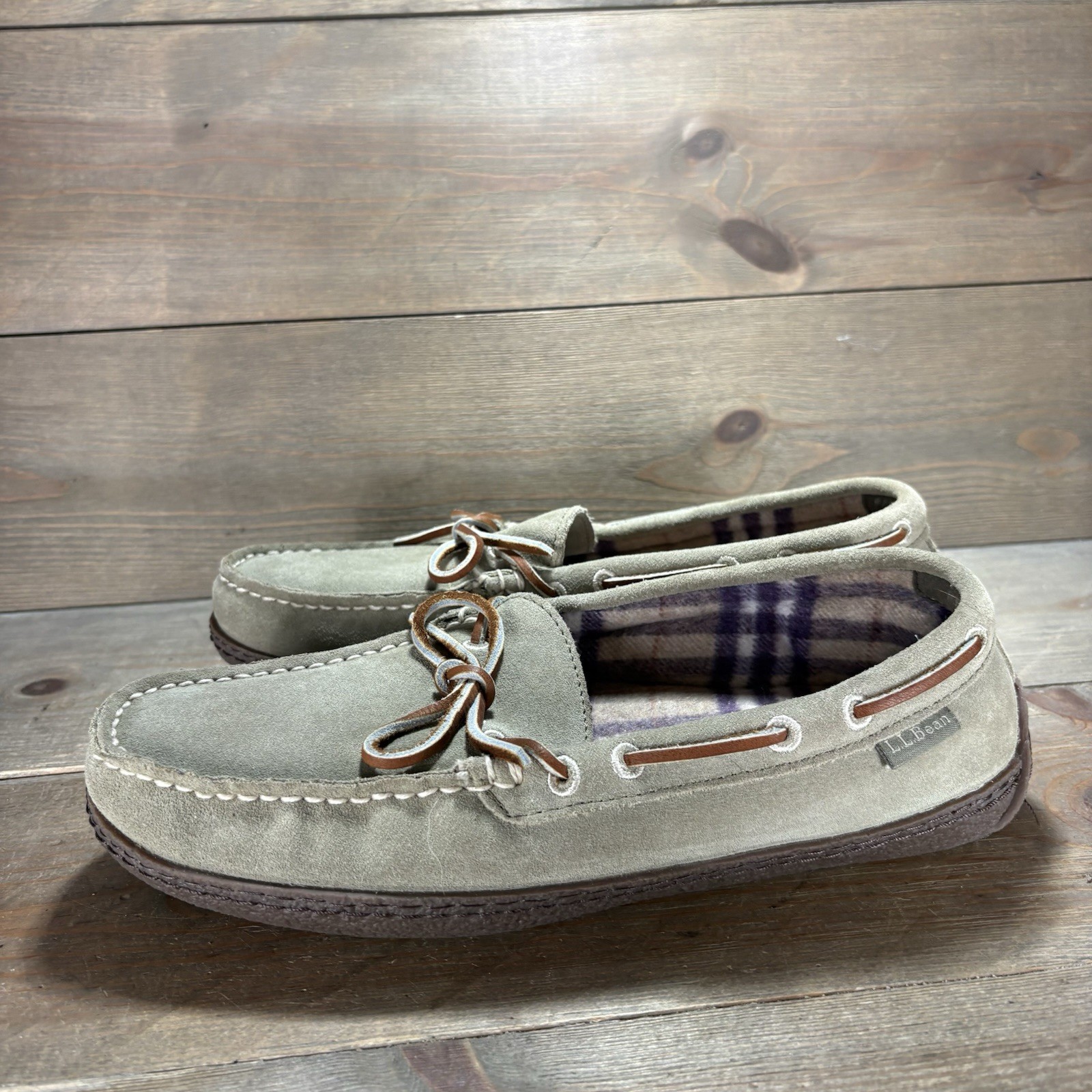 ll bean womens size 9 slippers green flanel lined comfort moccasin slippers