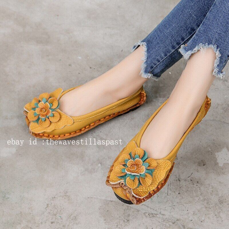 Leather Flat Shoes Women Flats with Flowers Ladies Soft Shoes Loafers Slip On