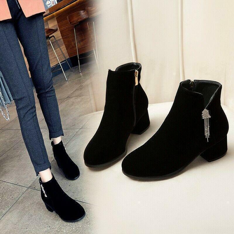 Womens Ankle Boots Round Toe Rhinestone Chunky Heel Side Zip Shoes 50/51/52 Hot