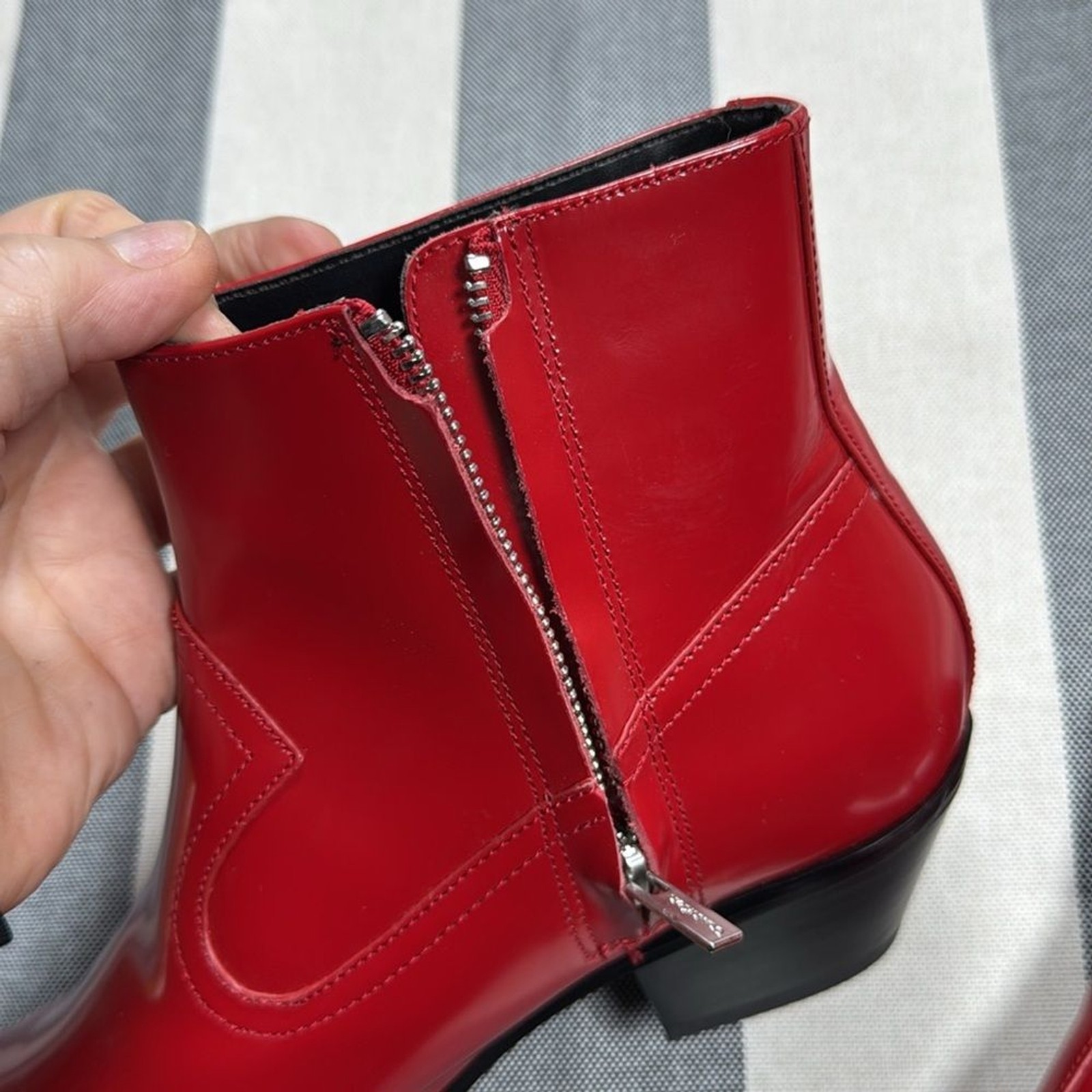 Calvin Klein Red Patent Ankle Boots Western Cowgirl Core Y2K Block Heel Edgy 7.5