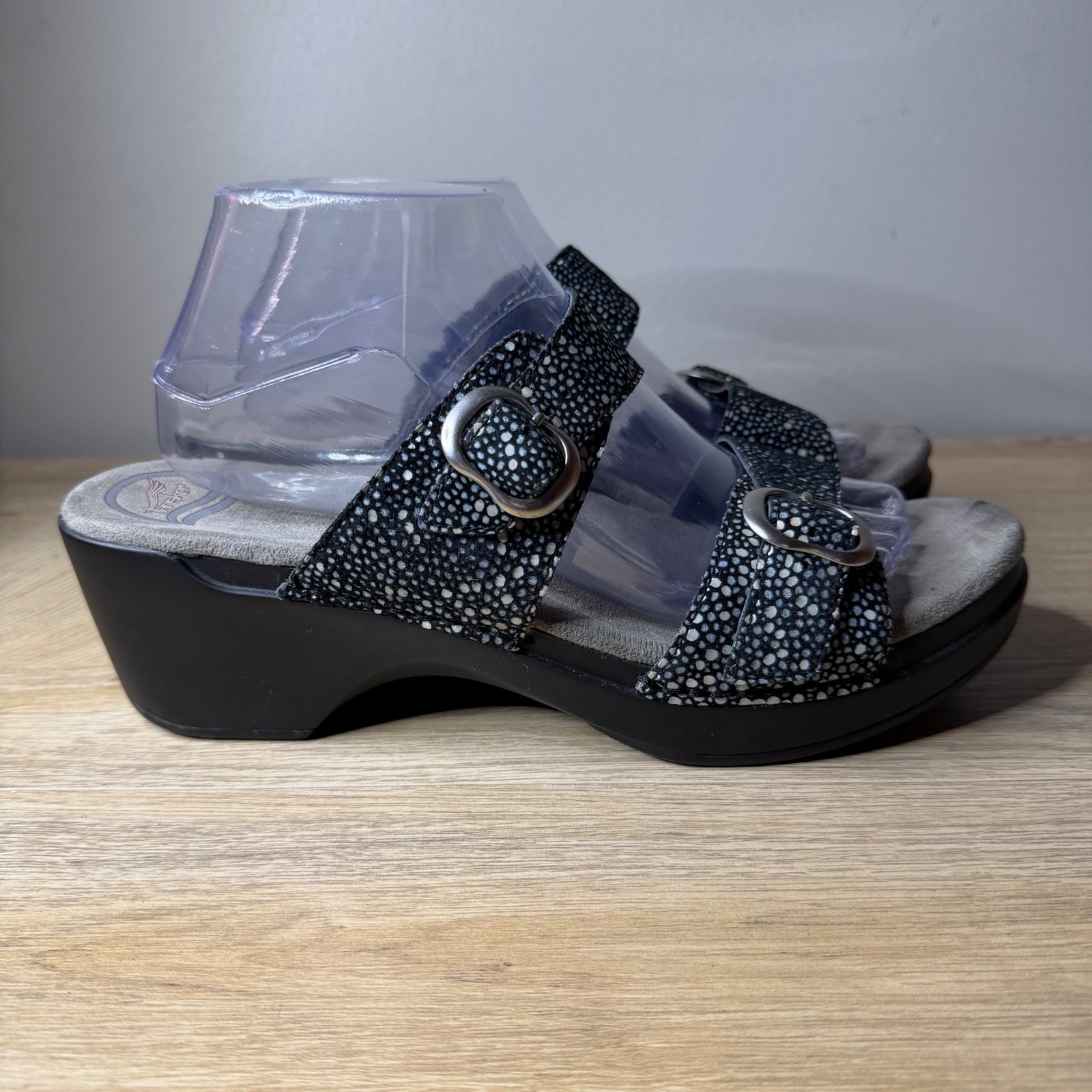 Dansko Sophie Slide Sandal 11.5-12 42 Stingray Print Blue Geometric Strap Buckle