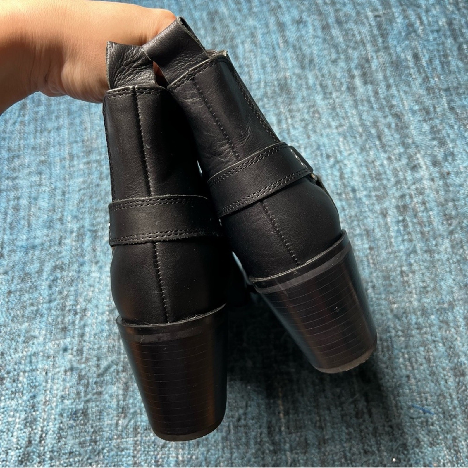Steve Madden Wells Black Leather Harness Boots Square Toe with Heel Women’s 8