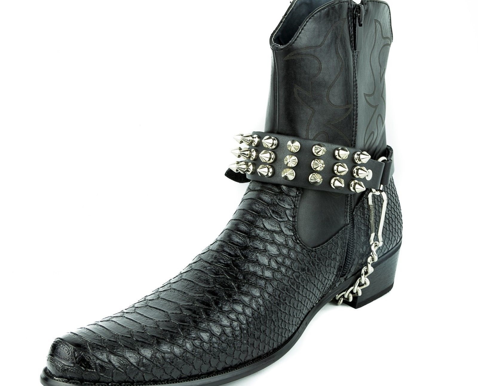 Biker Men Western Women Boots Strap 3 row Spikes and Chain Punk Goth Metal