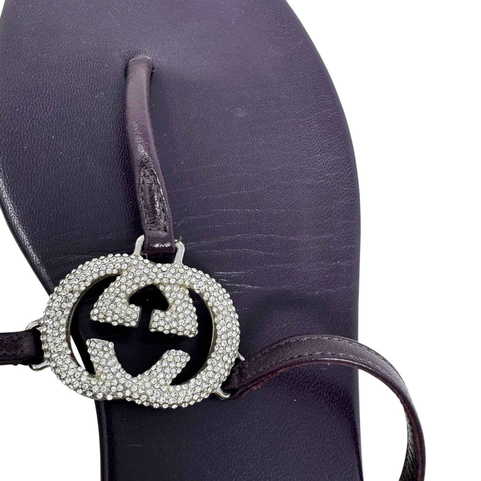 GUCCI Plum Purple GG Silver Crystal Logo Monogram Designer Vintage Sandals US 8