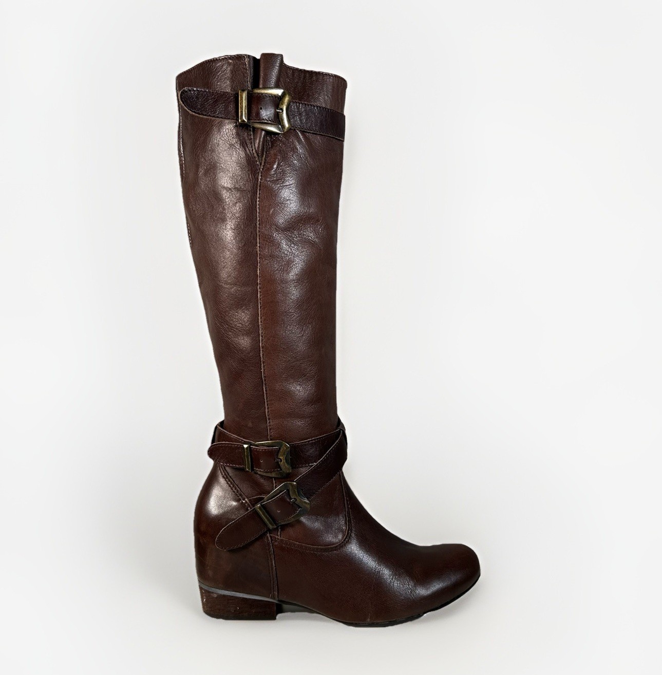 Miz Mooz Brown Brown Leather Moto Buckle Strap Hidden Wedge Boot Sz 8.5