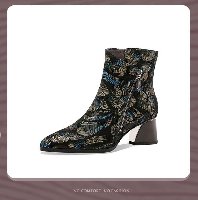 Women Fashion Elegant Formal Leather Printed Block Chunky Heel Date Ankle Boots